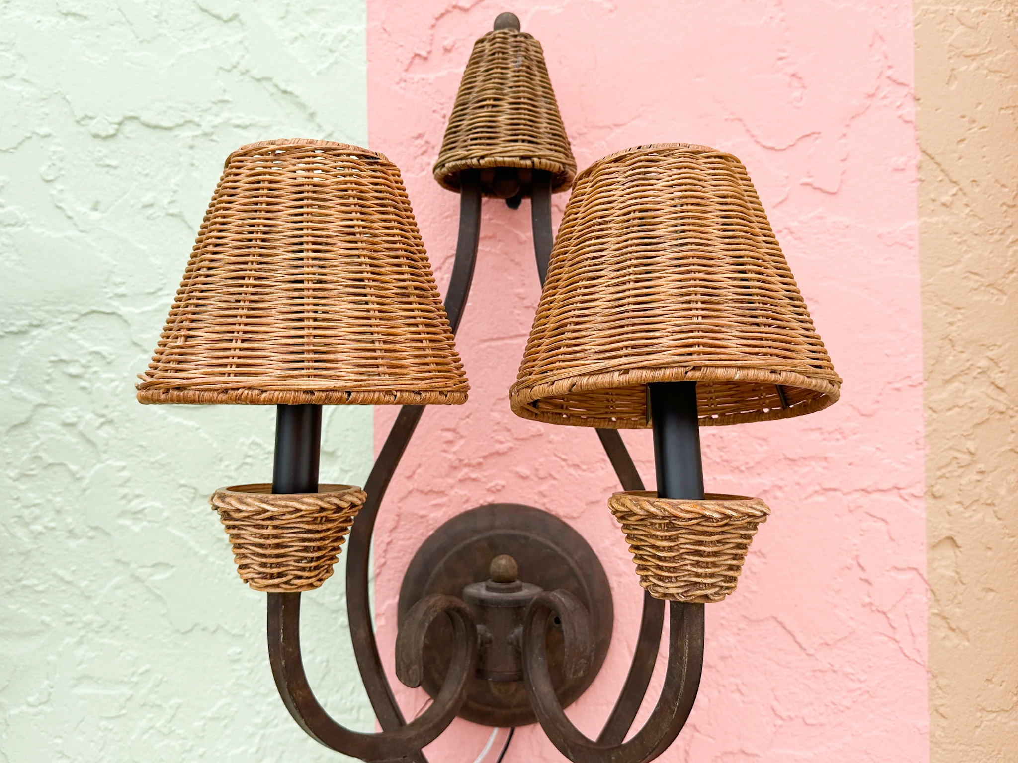 Pair of Iron and Rattan Wall Sconces - Image 4