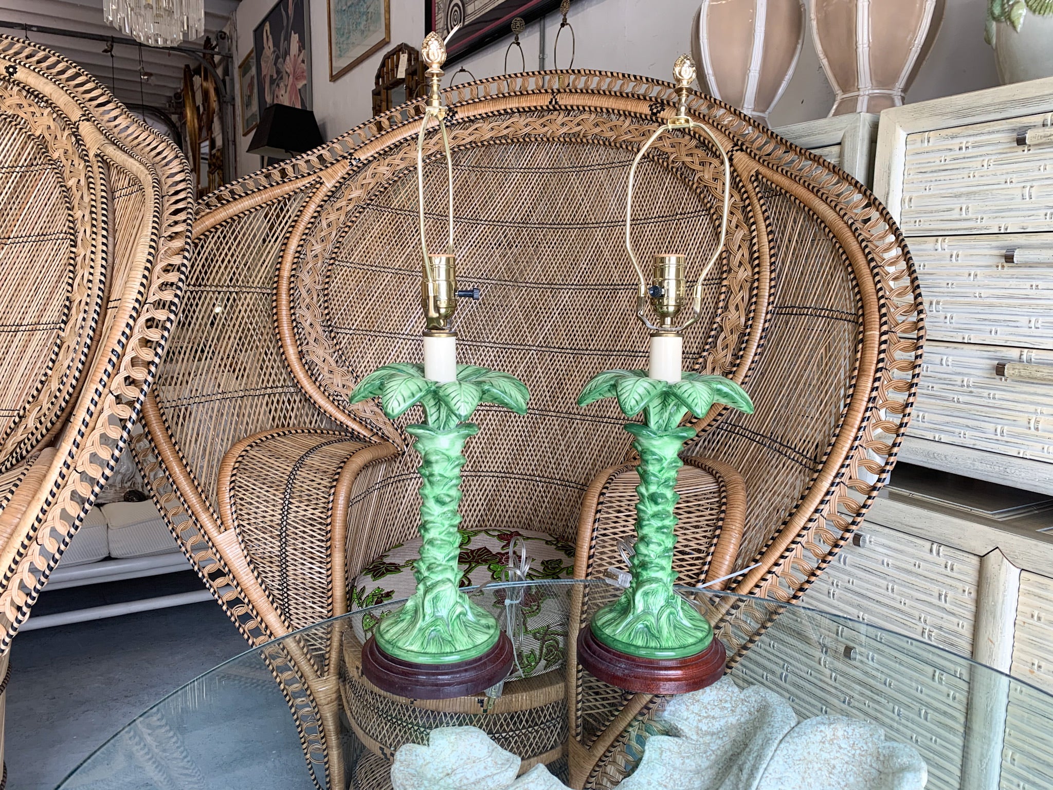 Pair of Island Chic Green Ceramic Palm Lamps - Image 2