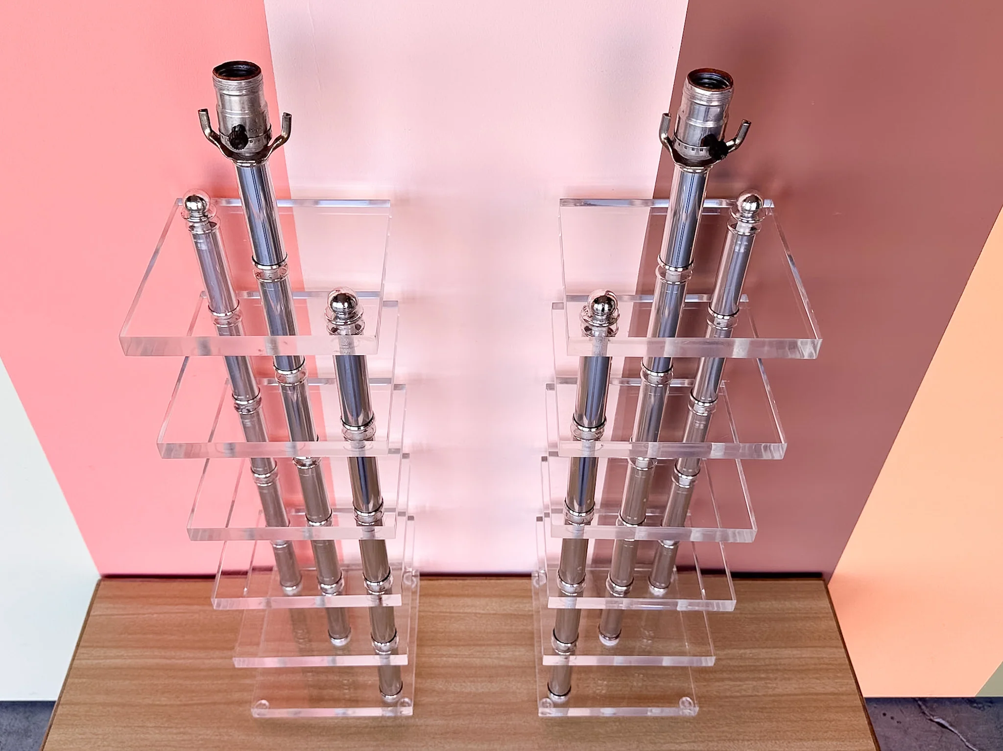 Pair of Large Lucite and Chrome Lamps - Image 5