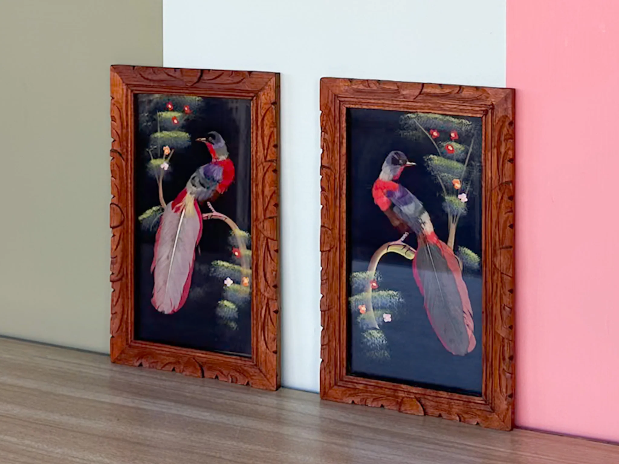 Pair of Mexican Feather Bird Art