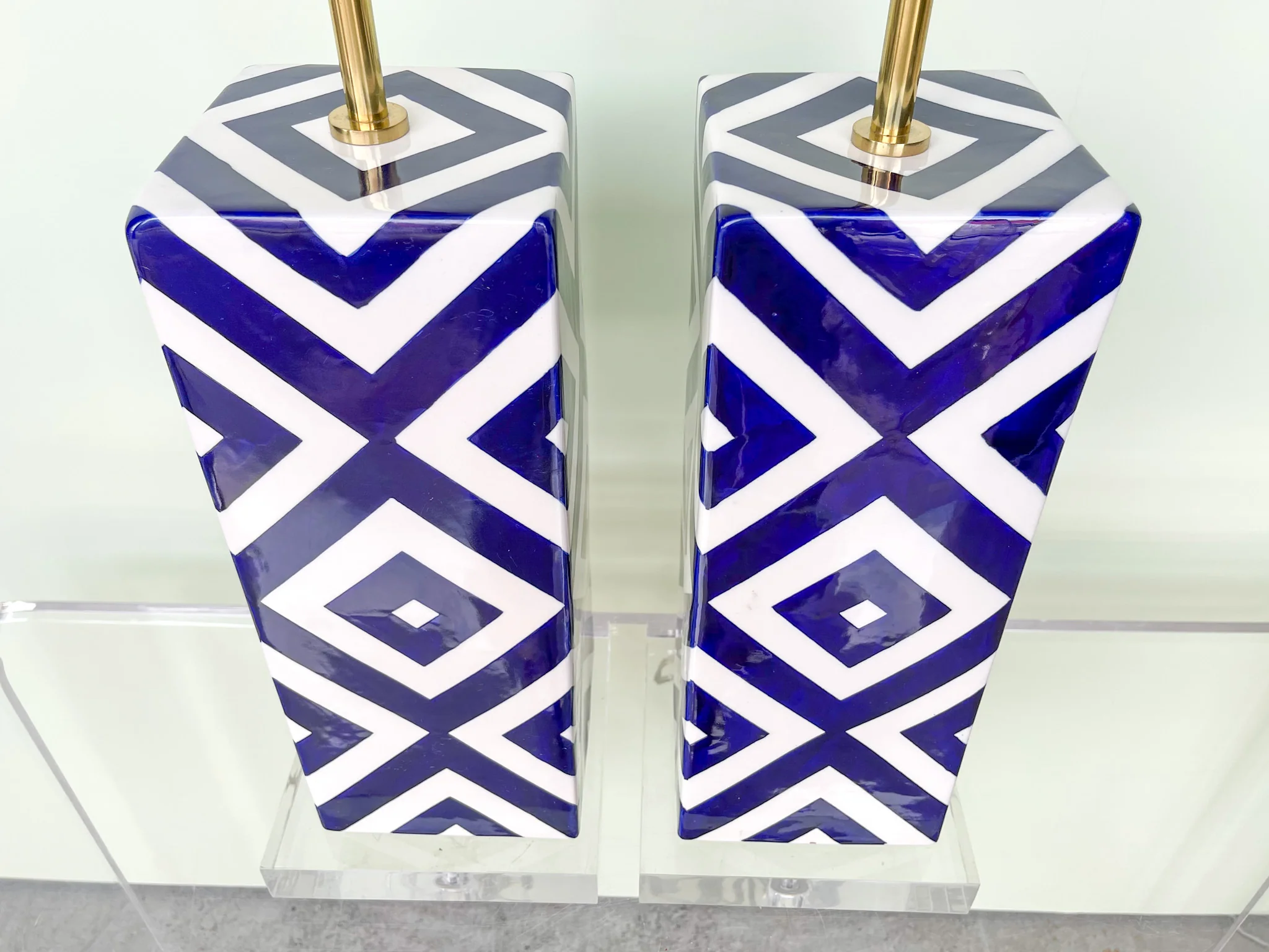 Pair of Modern Blue and White Chevron Lamps - Image 2