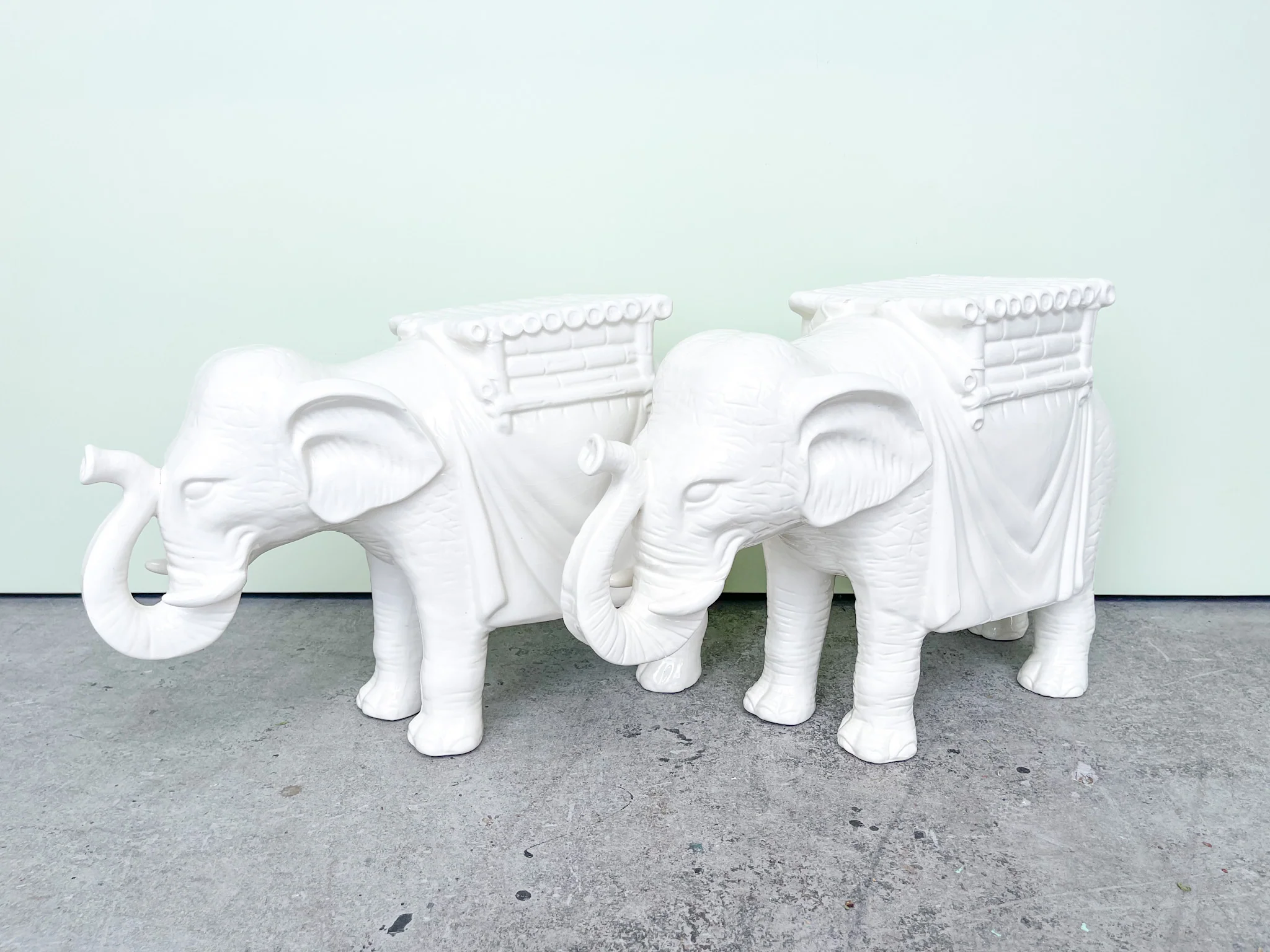 Pair of Modern White Ceramic Elephant Garden Seats