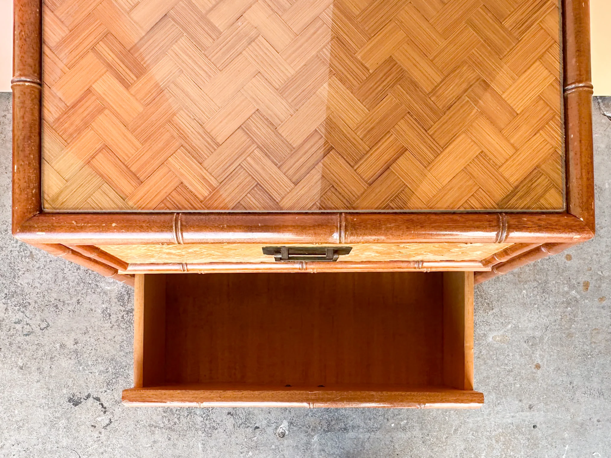 Pair of Old Florida Parquet Rattan Nightstands - Image 6