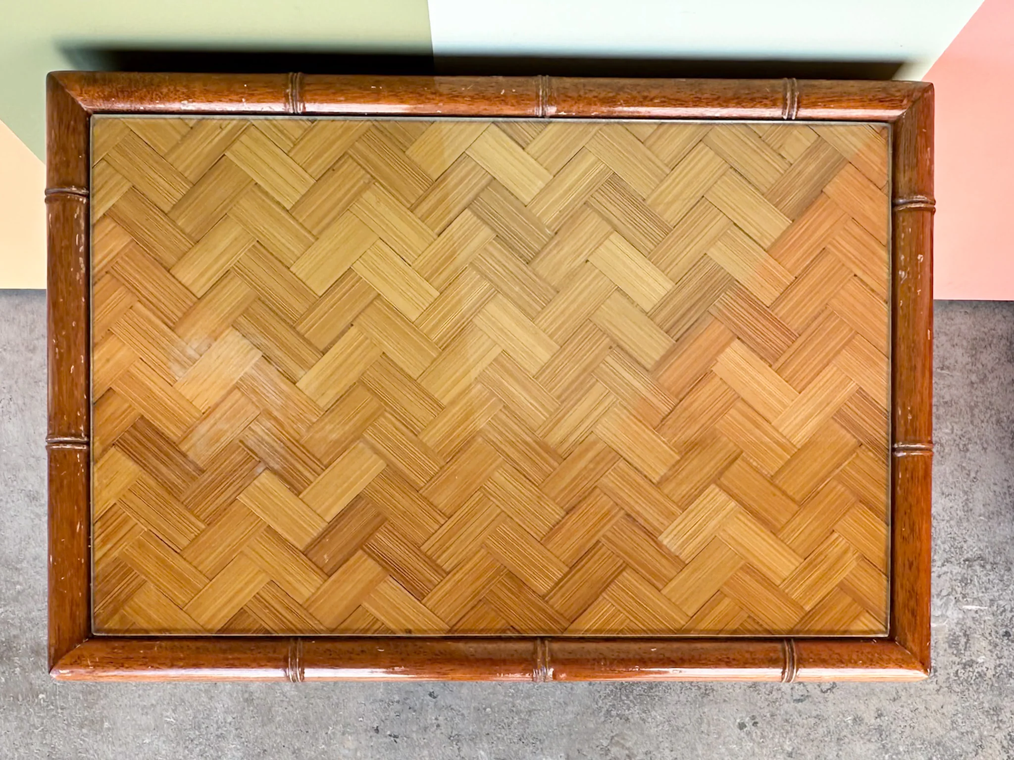 Pair of Old Florida Parquet Rattan Nightstands - Image 9