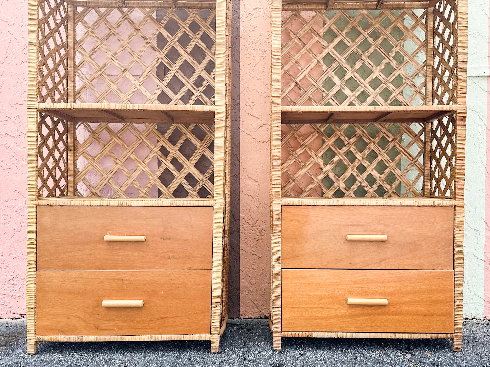 Pair of Old Florida Rattan Lattice Etageres - Image 3