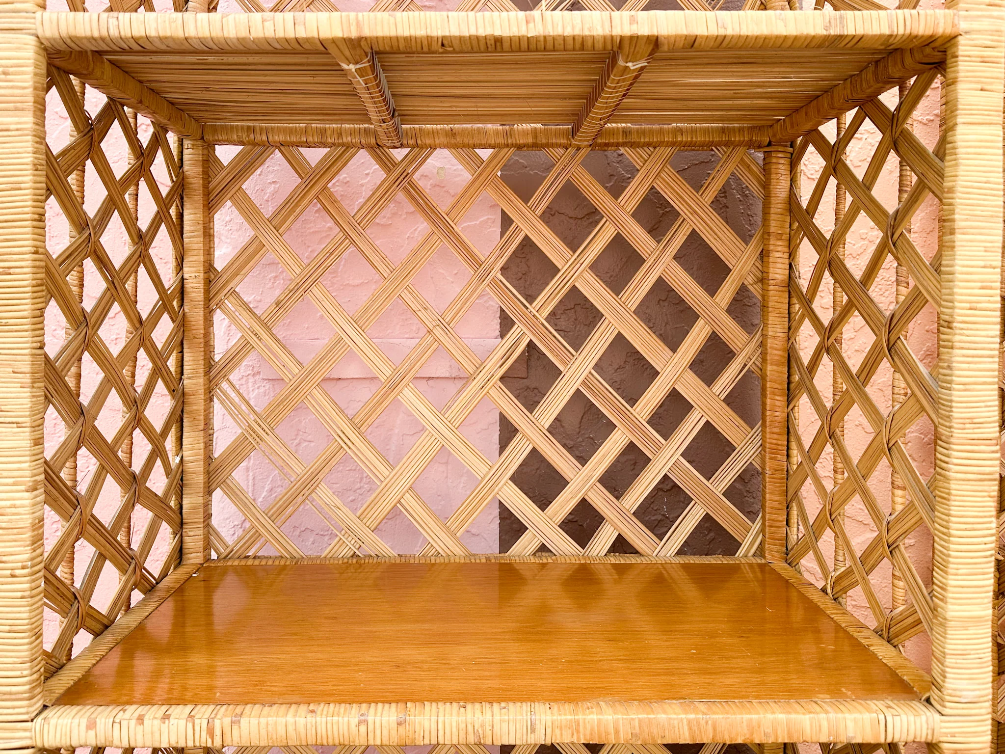 Pair of Old Florida Rattan Lattice Etageres - Image 4