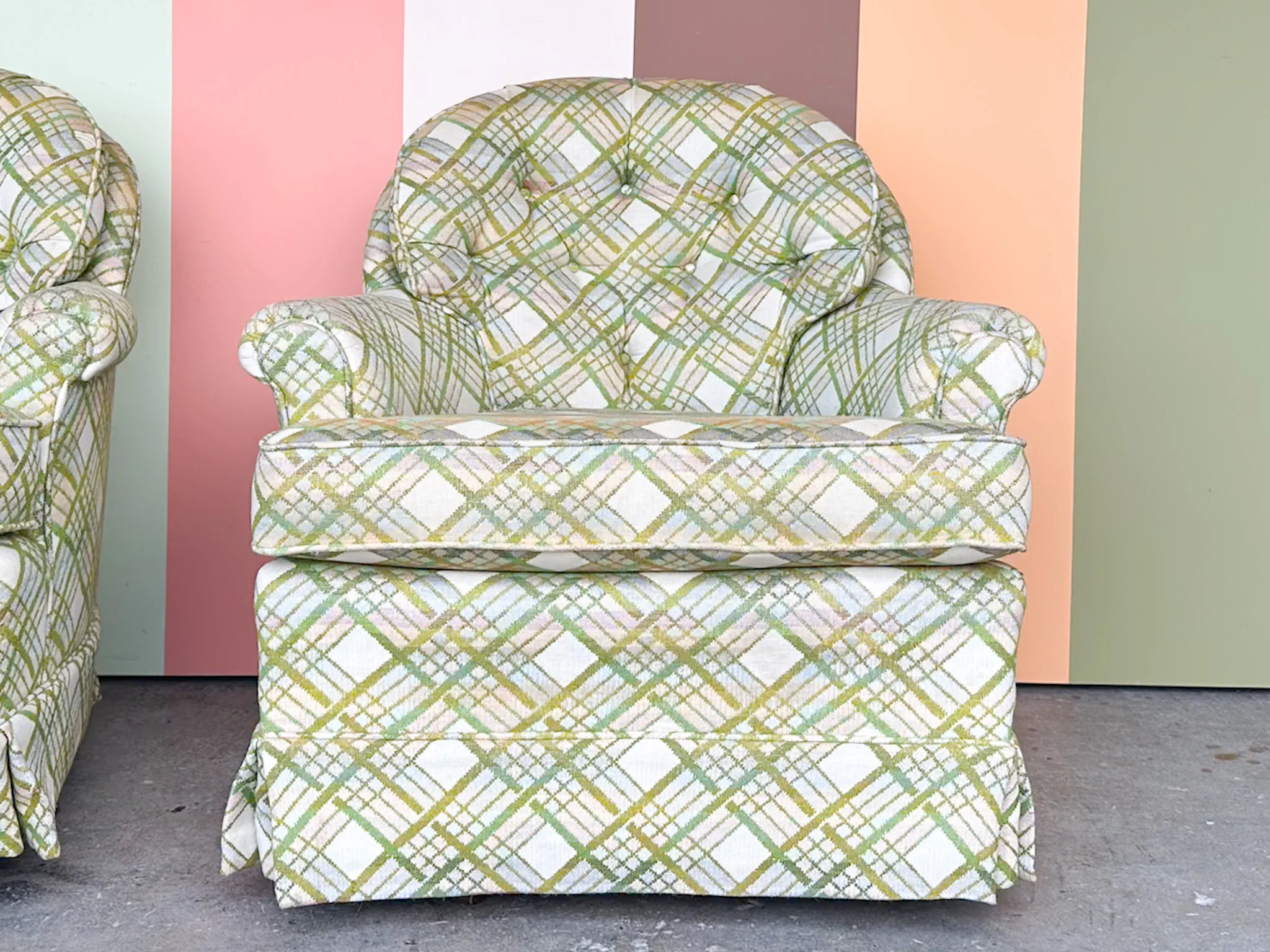 Pair of Pink and Green Plaid Upholstered Swivel Chairs - Image 3