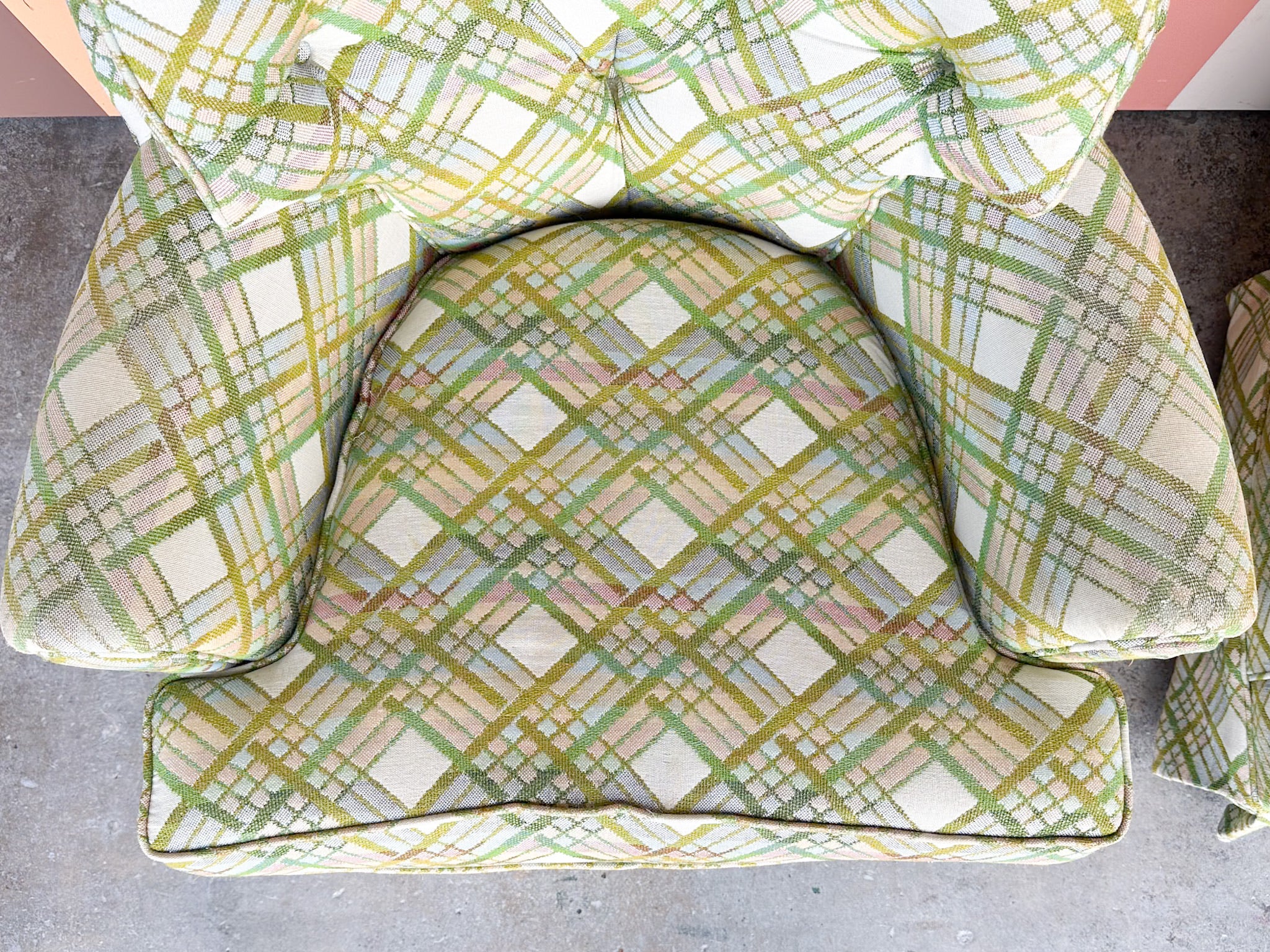 Pair of Pink and Green Plaid Upholstered Swivel Chairs - Image 4