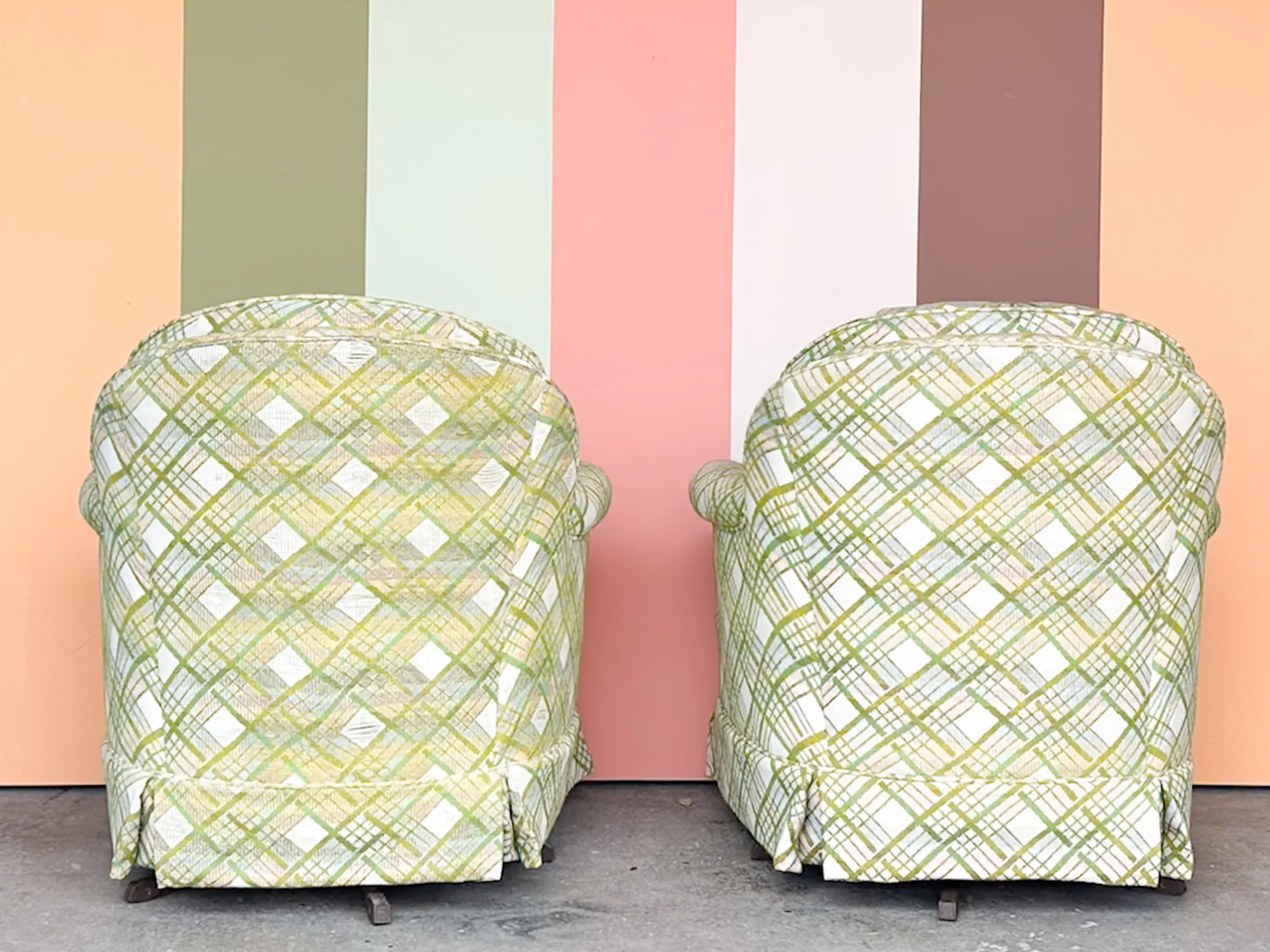 Pair of Pink and Green Plaid Upholstered Swivel Chairs - Image 8
