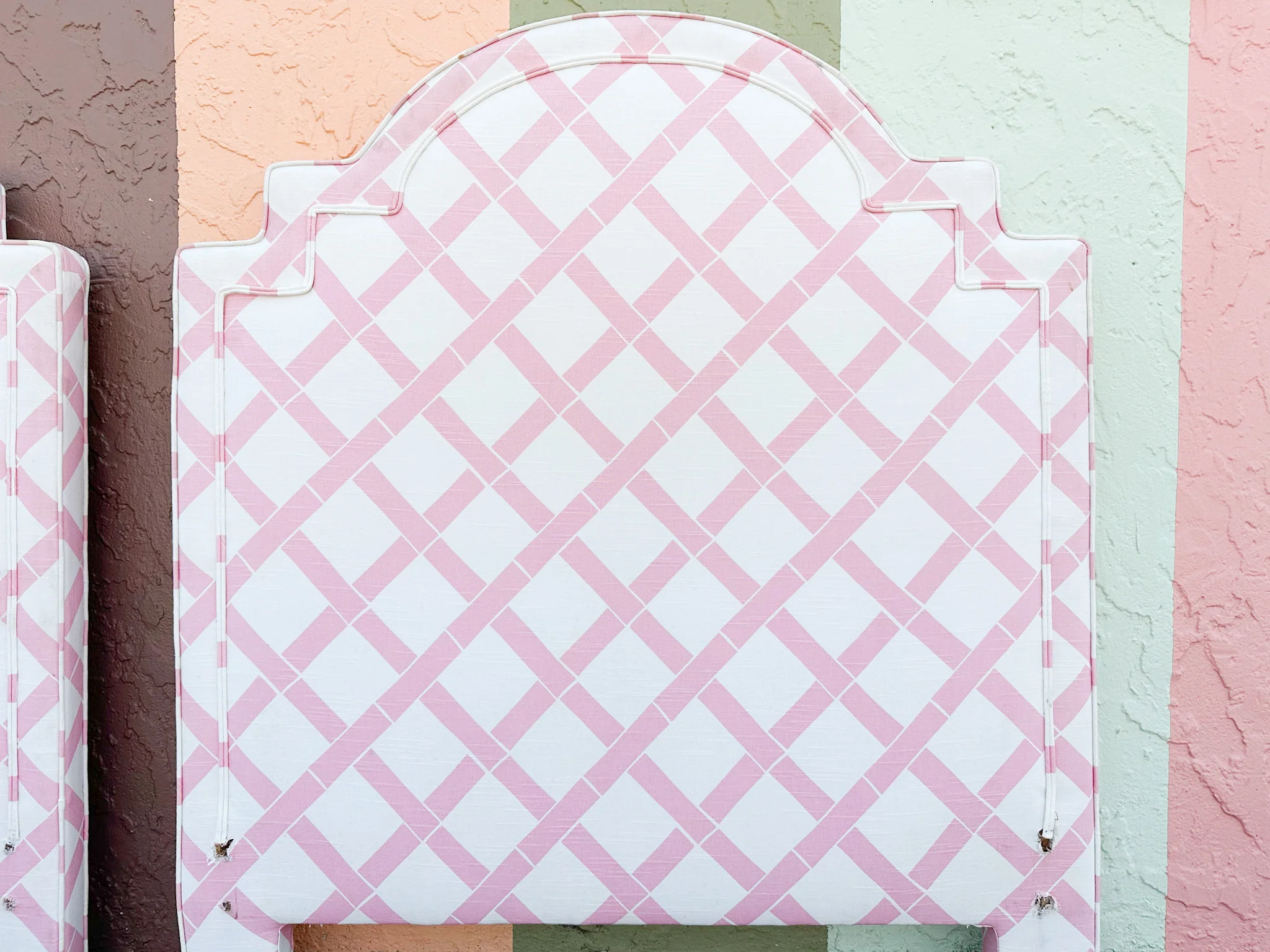 Pair of Pink Lattice Upholstered Twin Headboards - Image 7