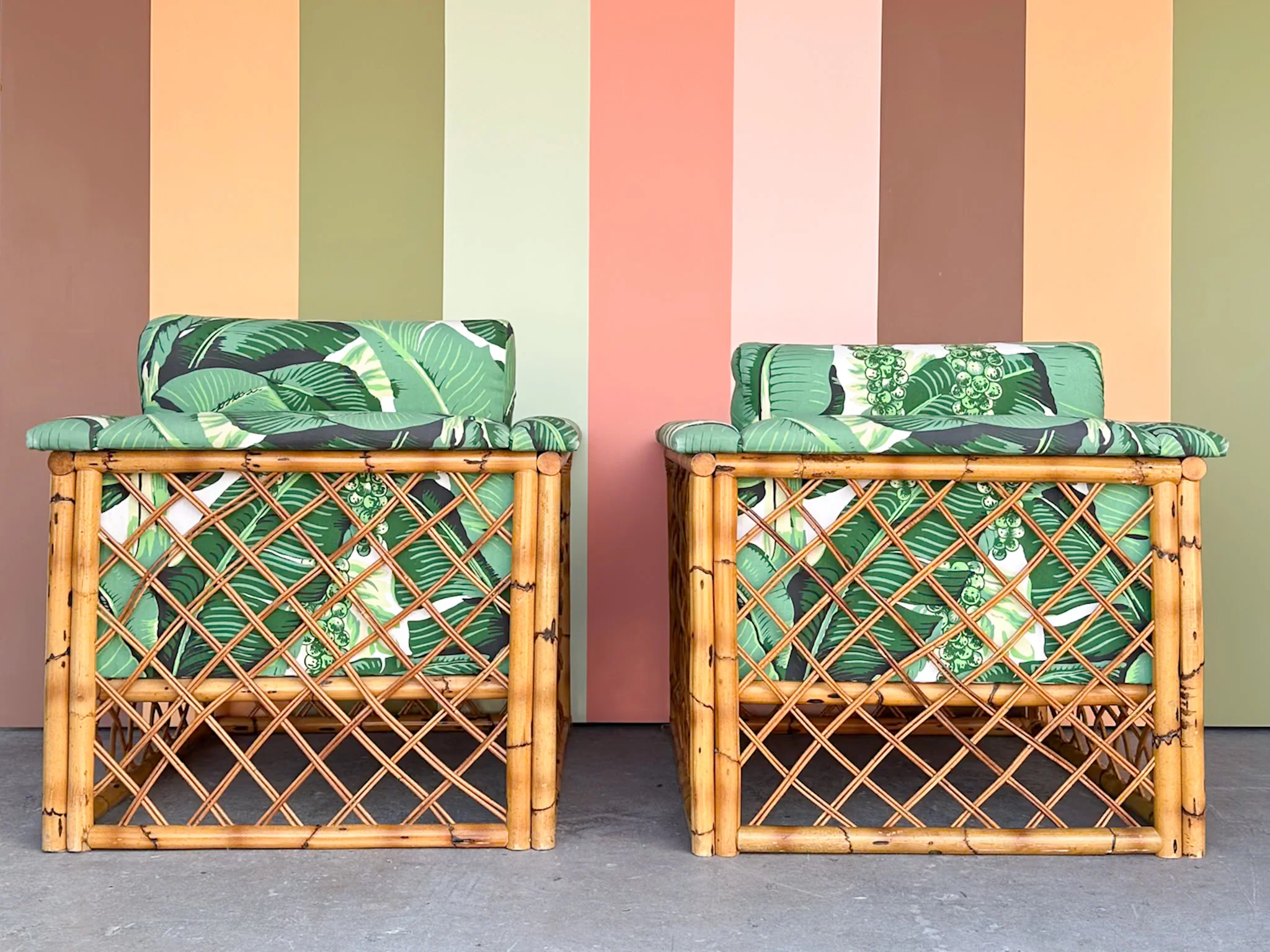 Pair of Rattan and Upholstered Palm Print Club Chairs - Image 3