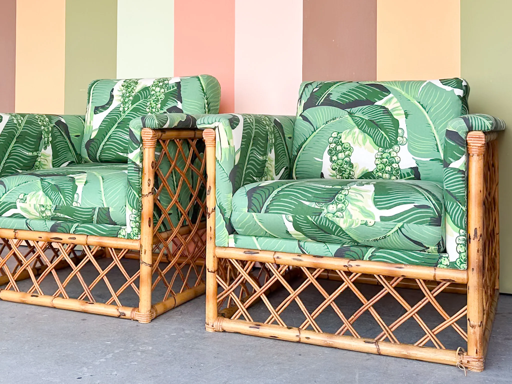 Pair of Rattan and Upholstered Palm Print Club Chairs - Image 5