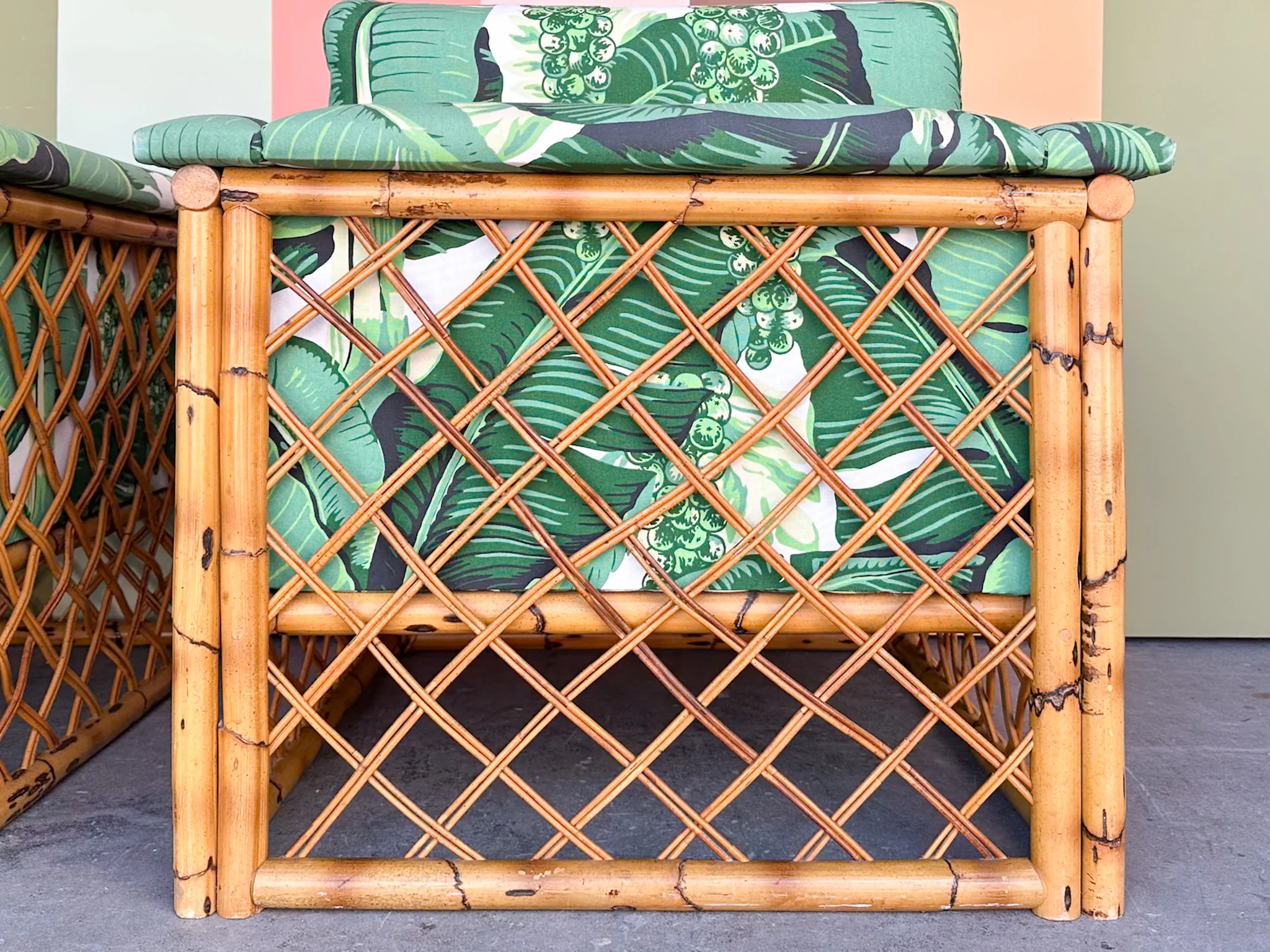 Pair of Rattan and Upholstered Palm Print Club Chairs - Image 8