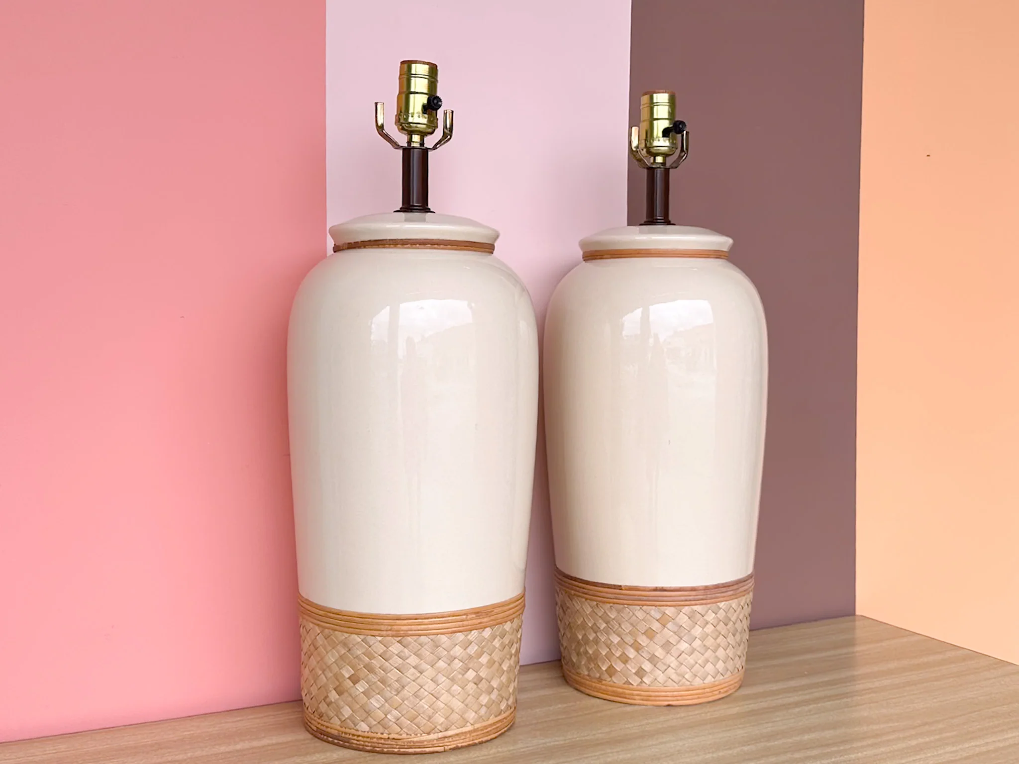 Pair of Rattan Wrapped Ceramic Lamps - Image 2