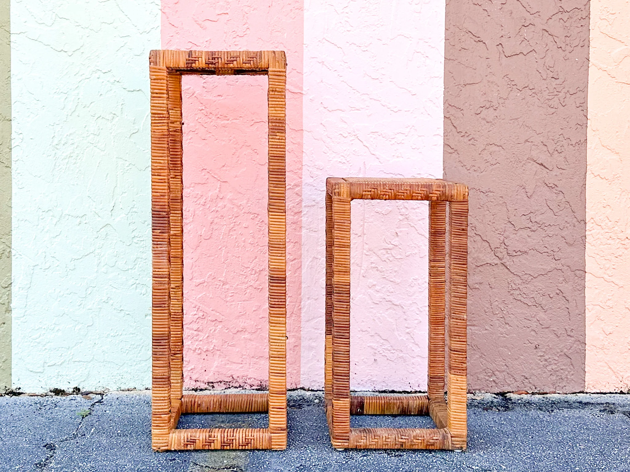 Pair of Rattan Wrapped Plant Stands