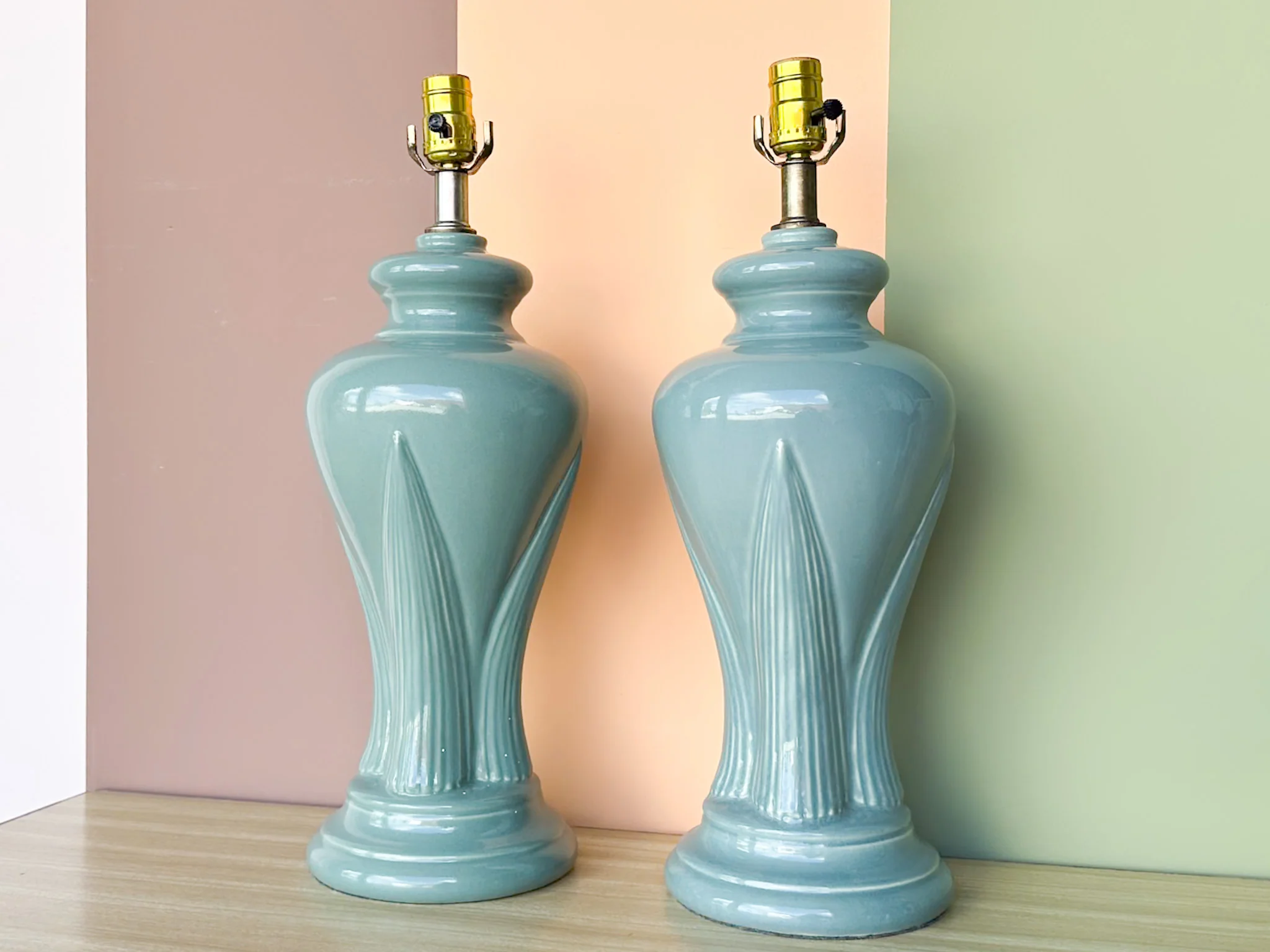 Pair of Seafoam Palm Leaf Lamps - Image 4