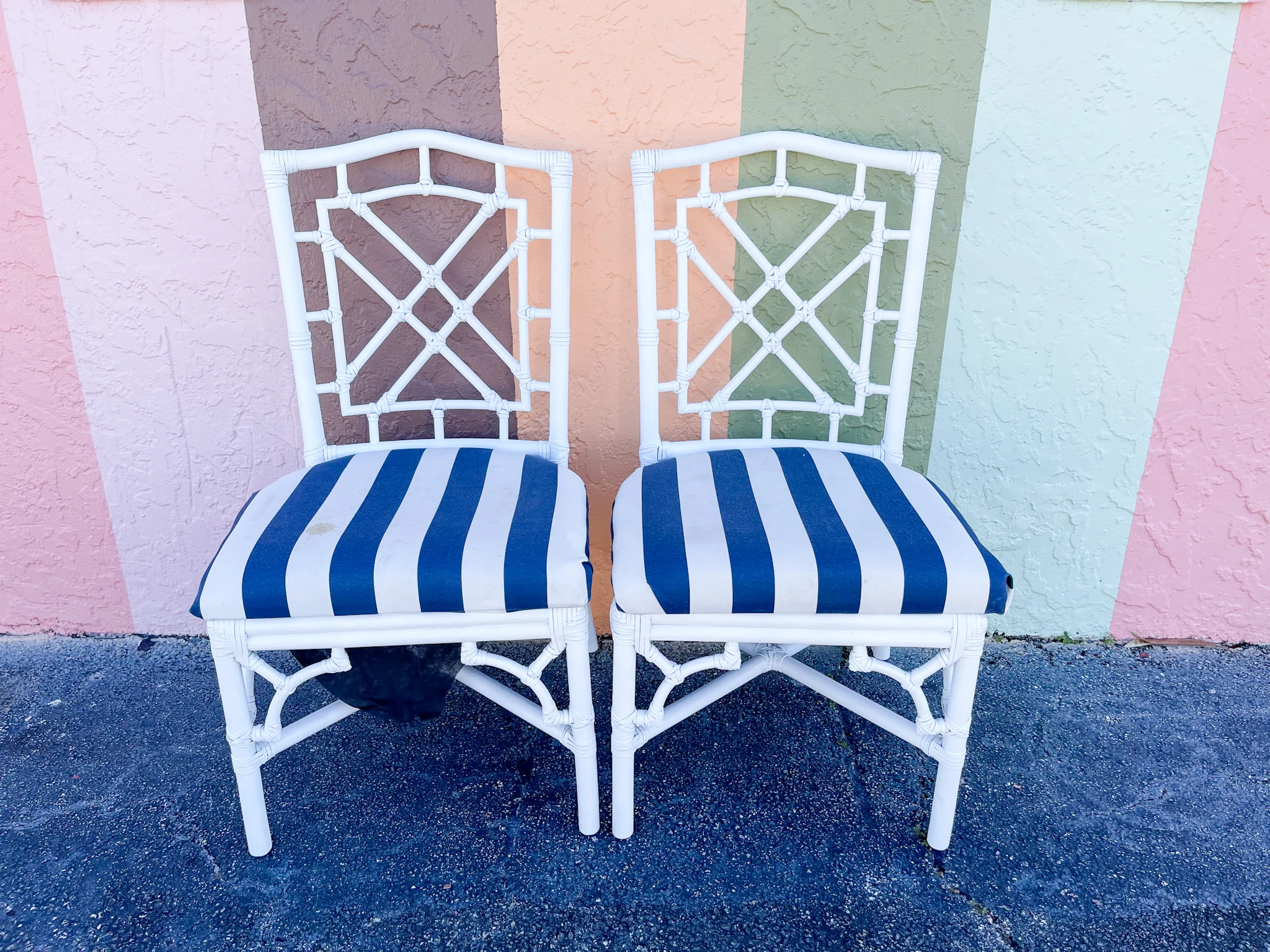 Pair of Striped Rattan Chairs