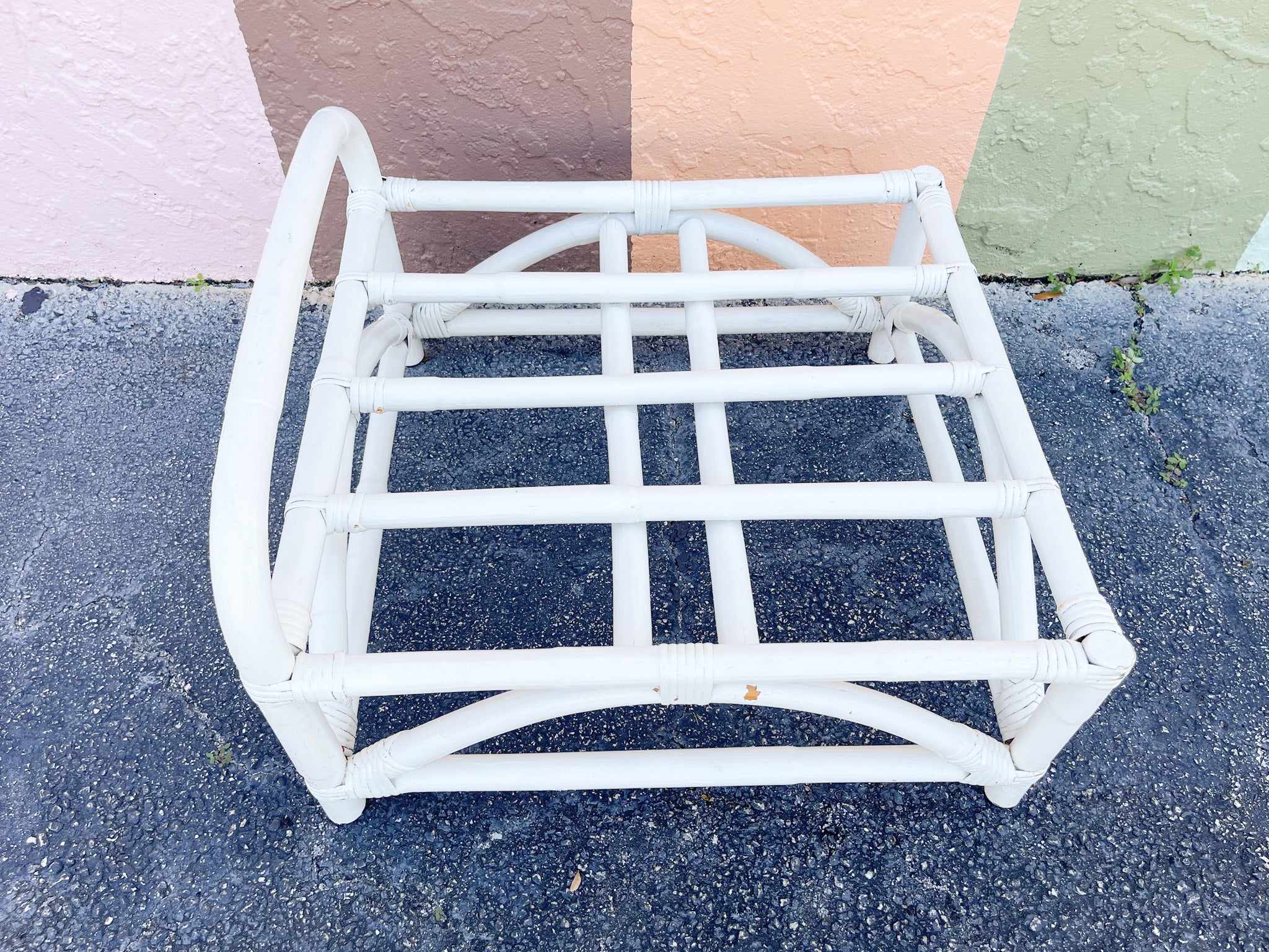 Pair of White Rattan Pretzel Chairs and Ottomans - Image 6