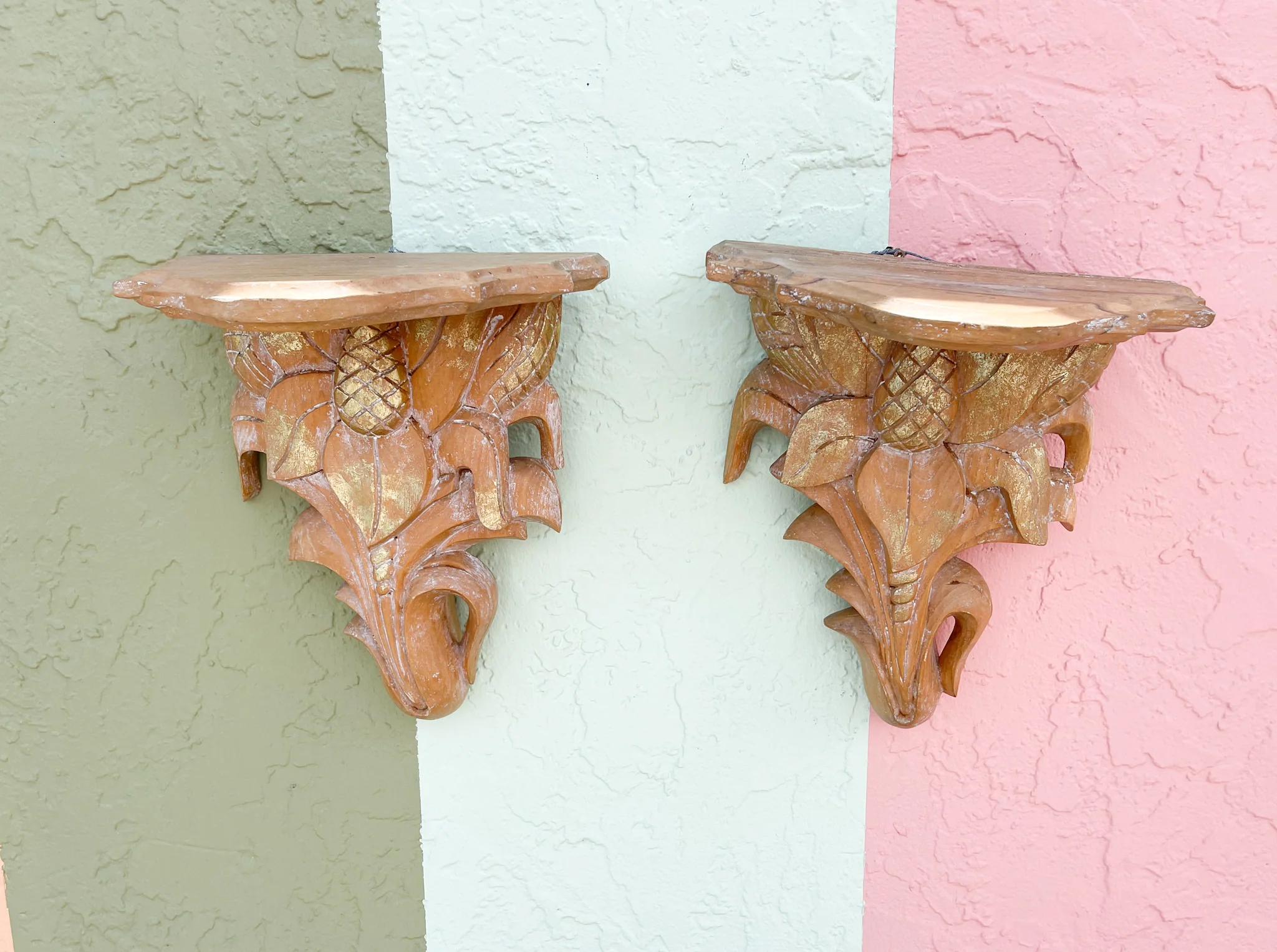 Pair of Wood Carved Pineapple Wall Shelves - Image 2