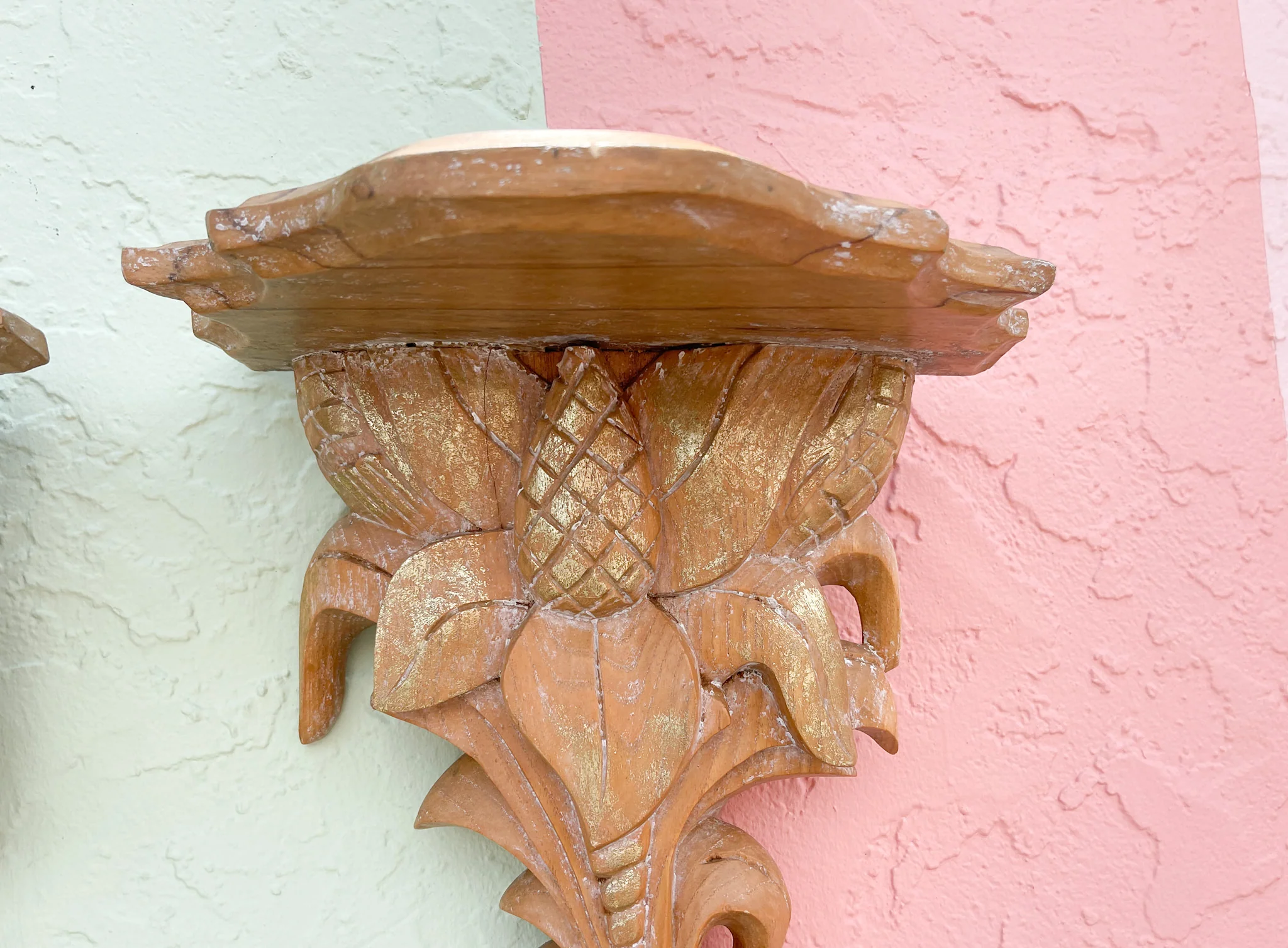 Pair of Wood Carved Pineapple Wall Shelves - Image 3