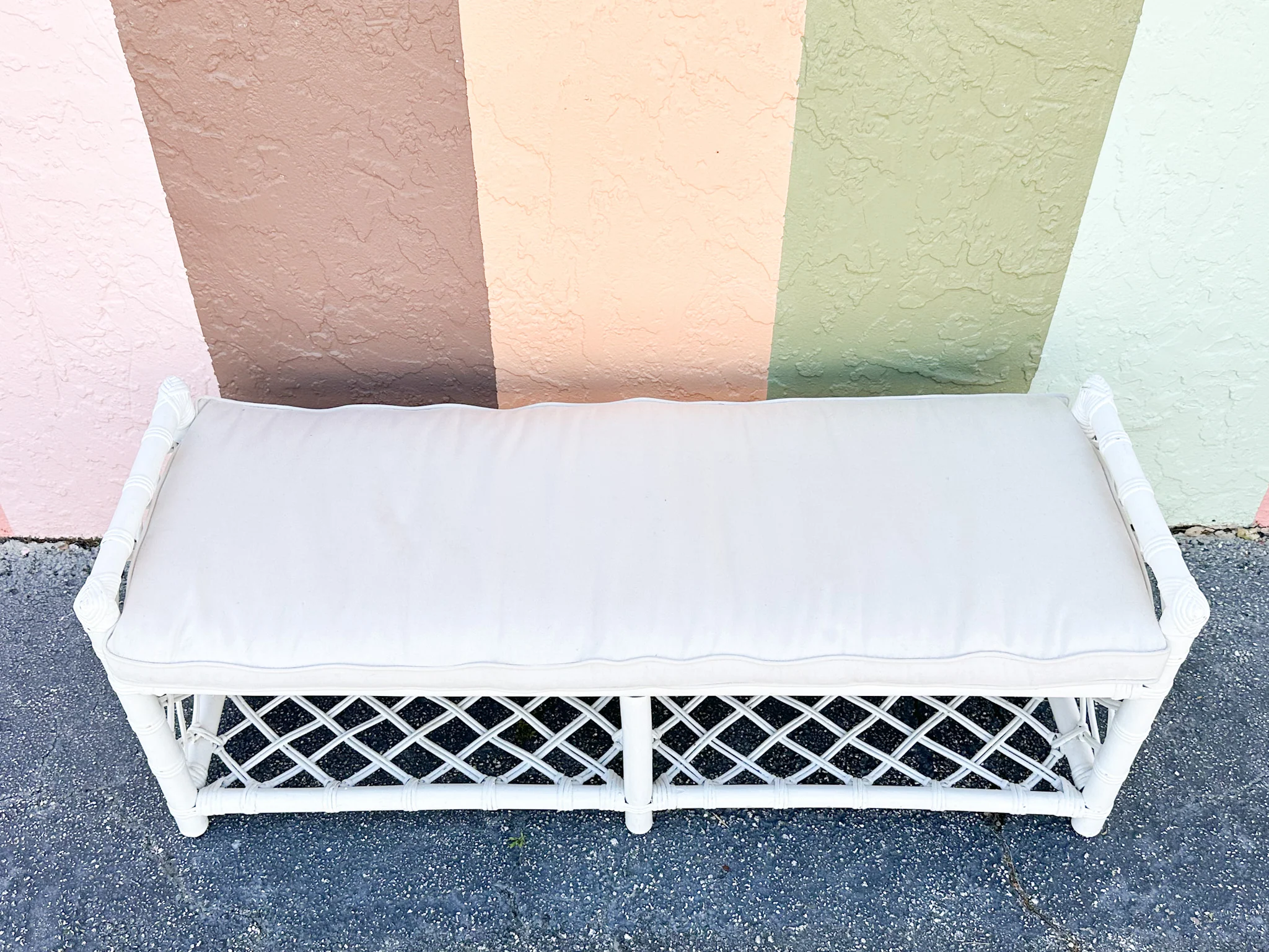 Palm Beach Chic Rattan Lattice Bench - Image 3