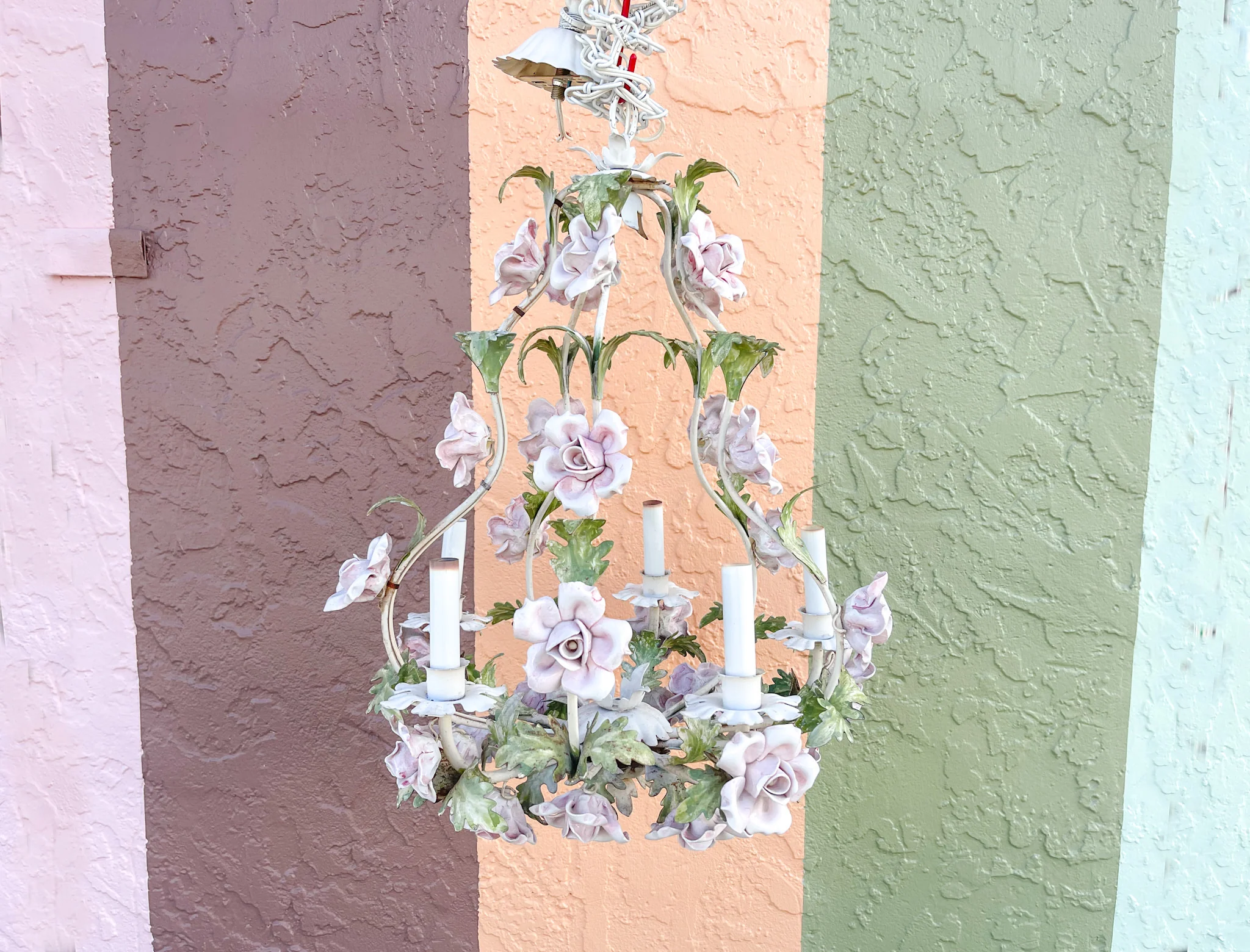 Pink Porcelain Rose Tole Chandelier