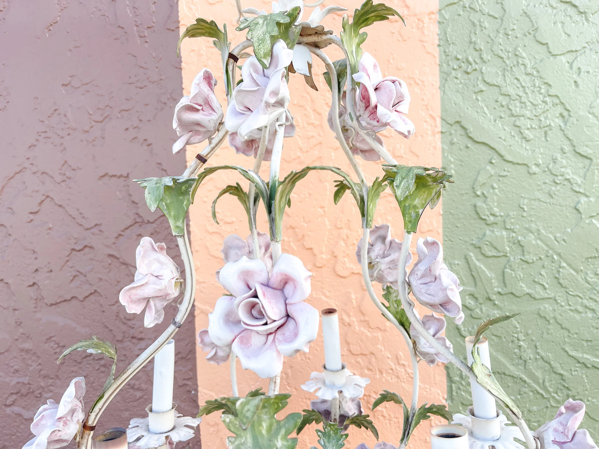 Pink Porcelain Rose Tole Chandelier - Image 5