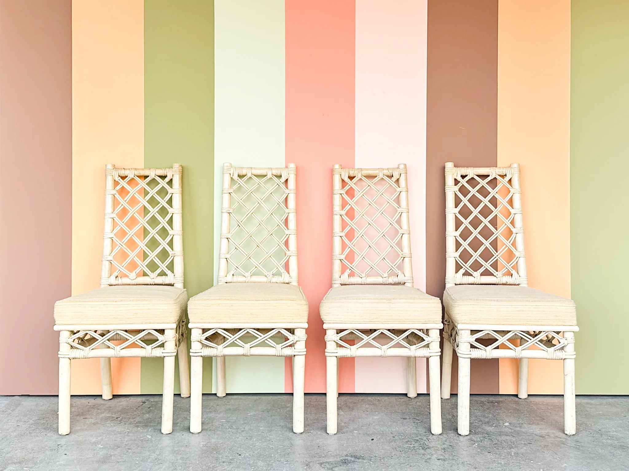 Set of Four Ficks Reed Lattice Rattan Dining Chairs