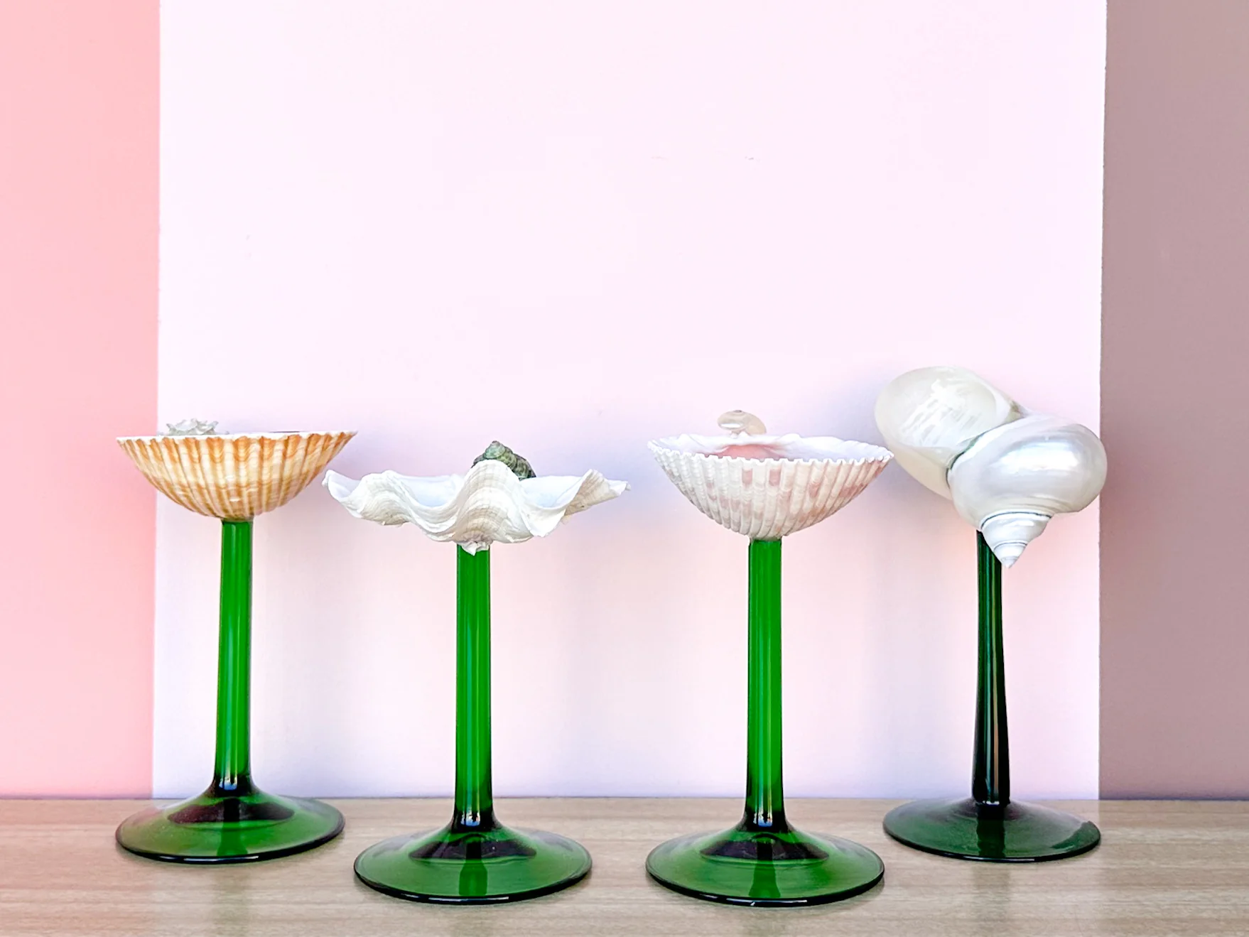 Set of Four Green Stem Shell Coupes