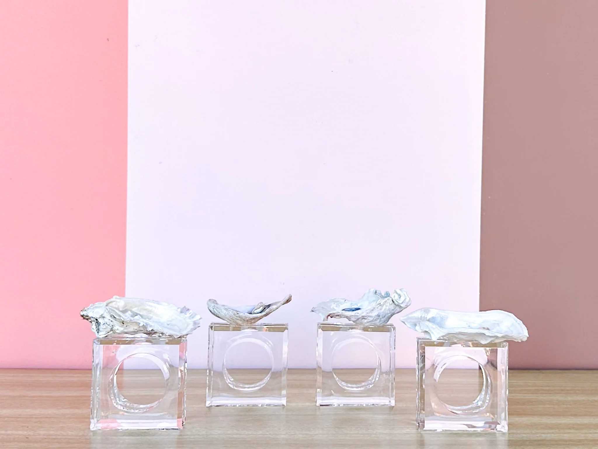 Set of Four Oyster Pearl Lucite Napkin Rings
