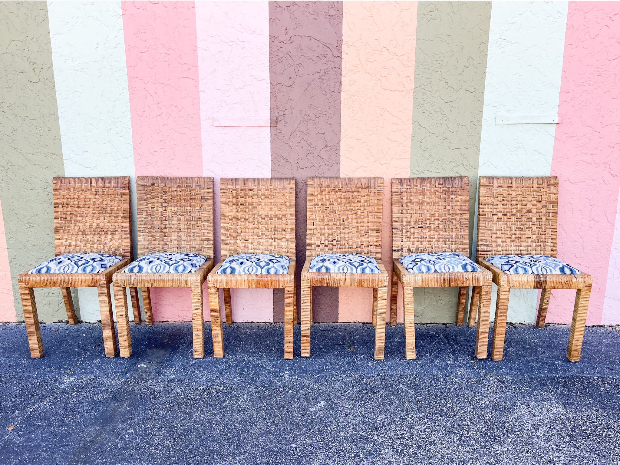 Set of Six Billy Baldwin Style Rattan Wrapped Dining Chairs