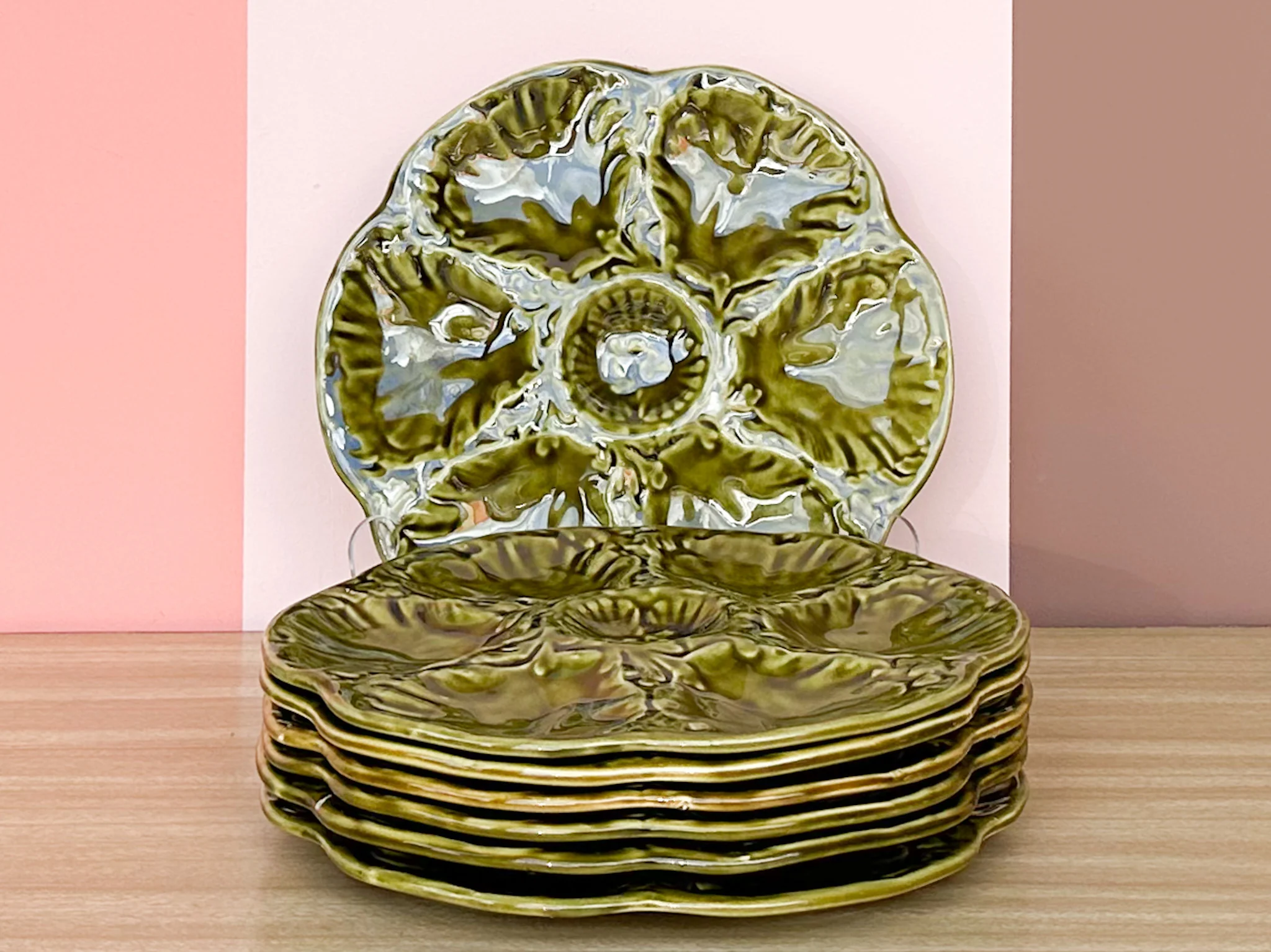 Set of Six French Moss Green Oyster Plates - Image 2