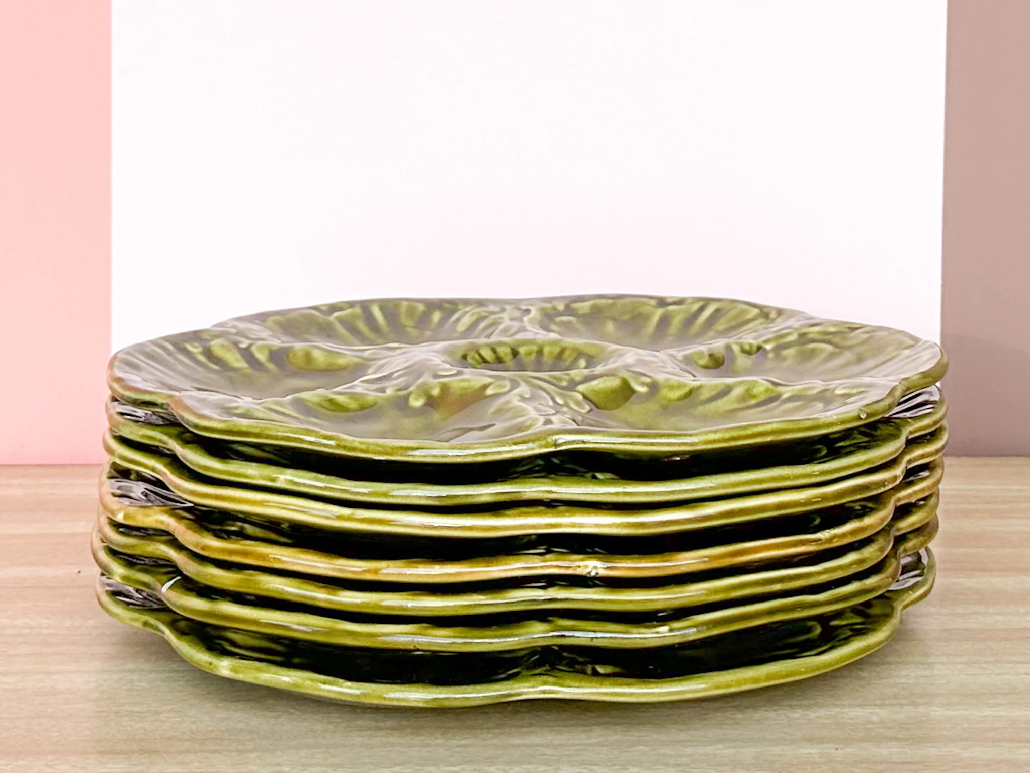 Set of Six French Moss Green Oyster Plates - Image 3