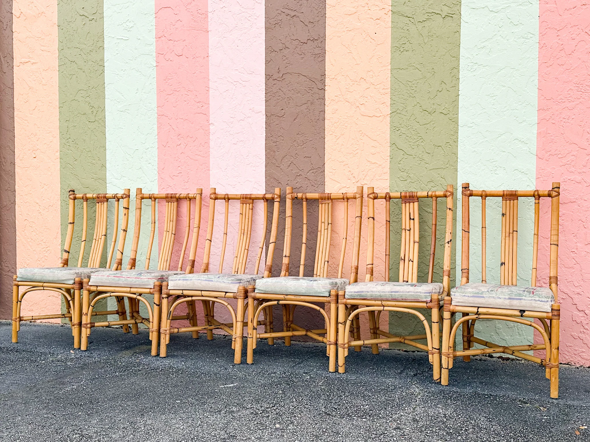 Set of Six Old Florida Rattan Dining Chairs - Image 2