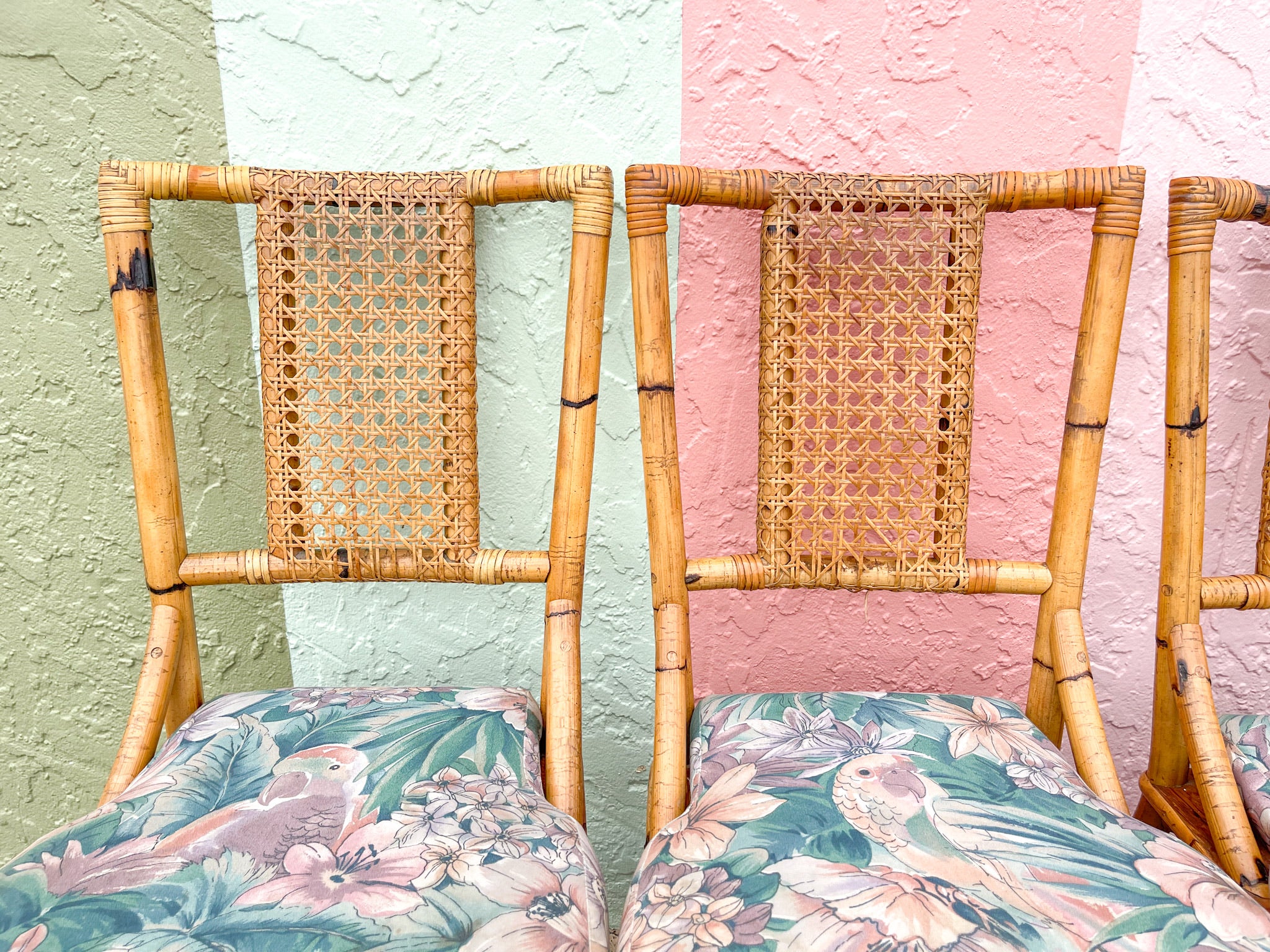 Set of Six Old Florida Rattan and Cane Dining Chairs - Image 4