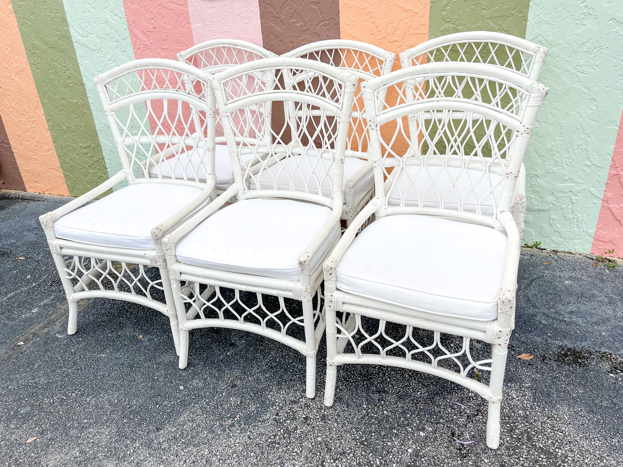 Set of Six White Rattan Dining Chairs - Image 8