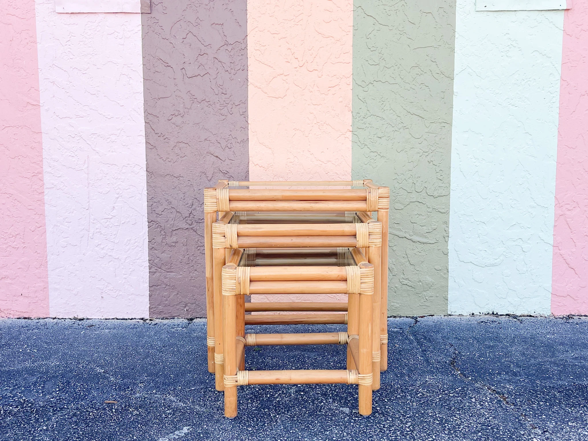 Set of Three Coastal Rattan Nesting Tables - Image 3