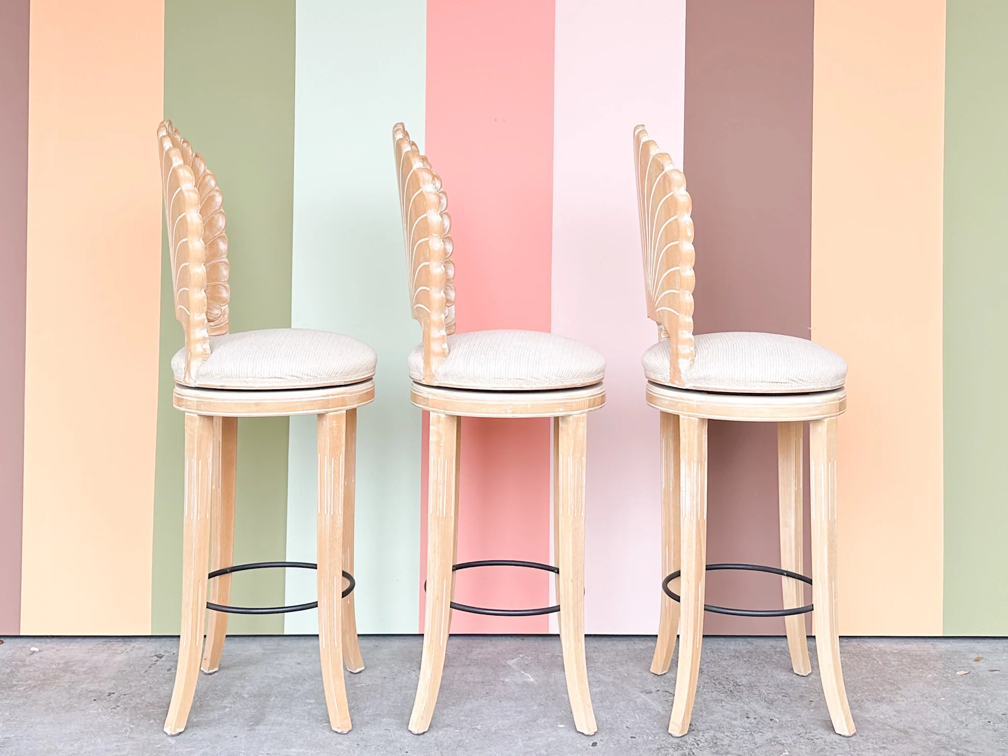 Set of Three Kips Bay Show House Italian Shell Back Bar Stools - Image 5
