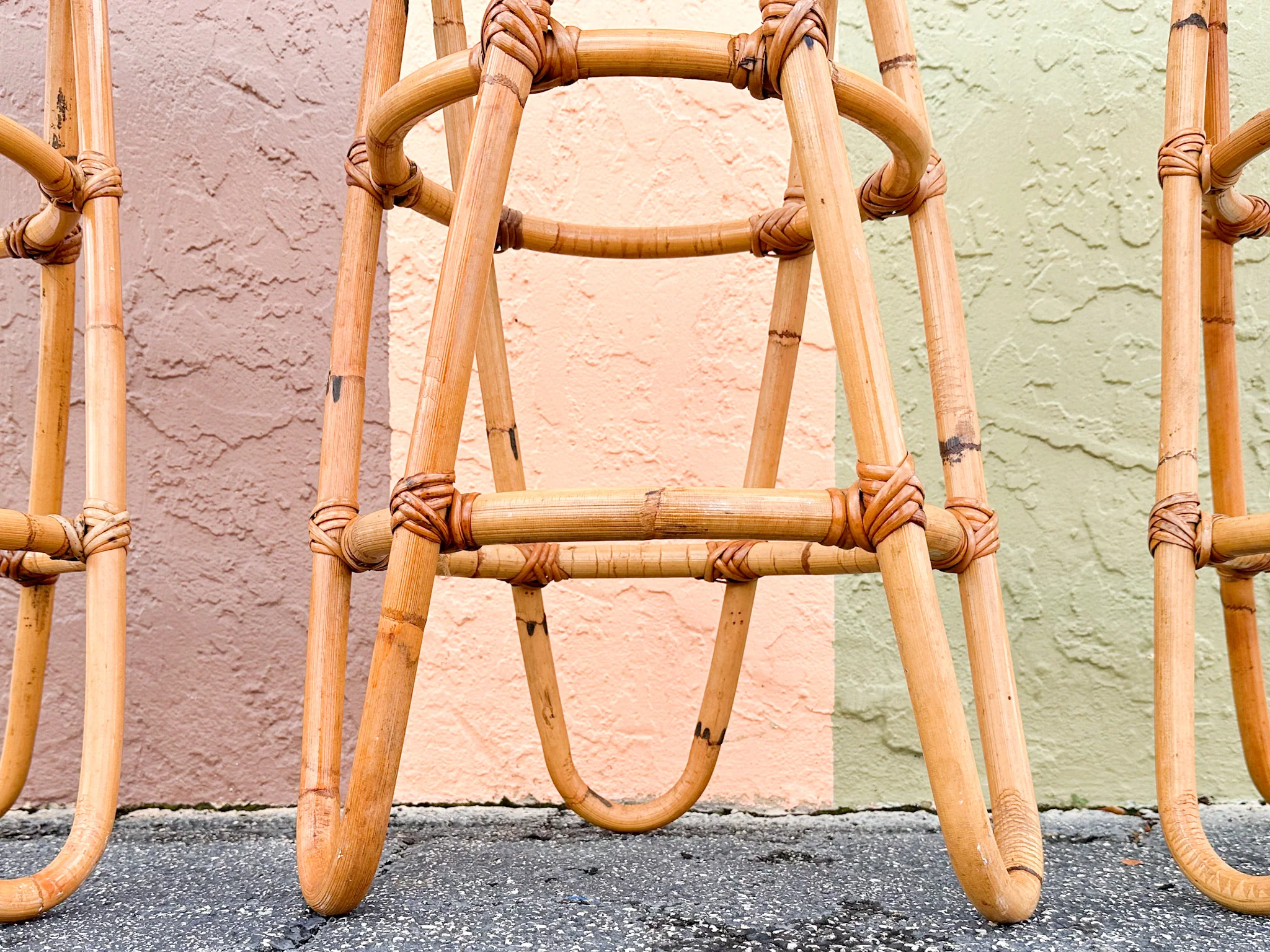 Set of Three Old Florida Cane and Rattan Bar Stools - Image 10