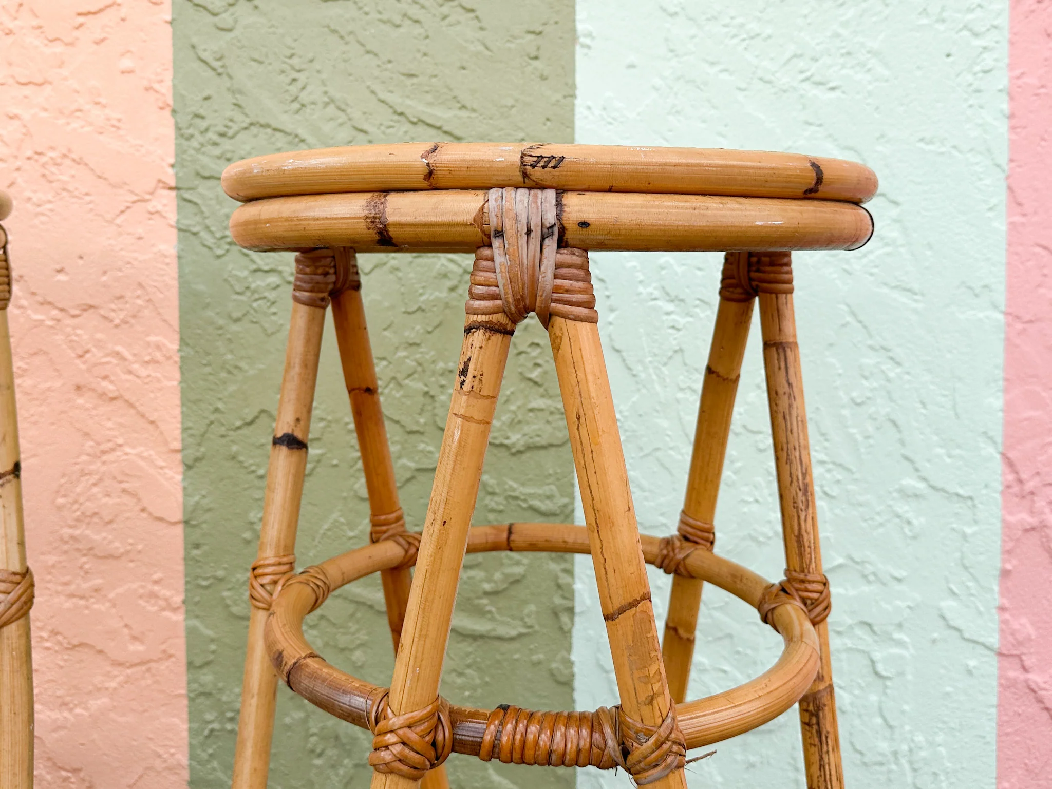Set of Three Old Florida Cane and Rattan Bar Stools - Image 12