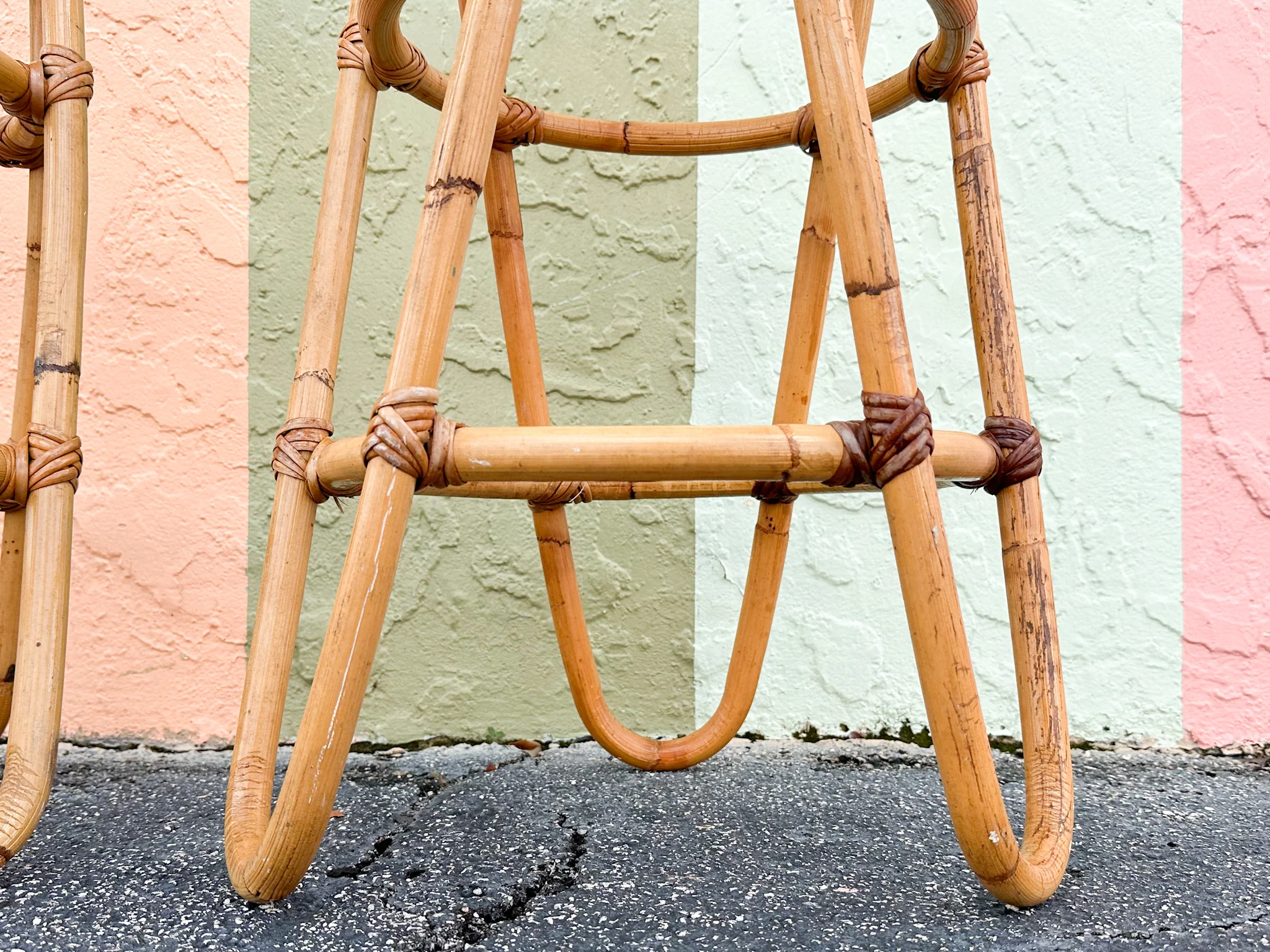 Set of Three Old Florida Cane and Rattan Bar Stools - Image 13