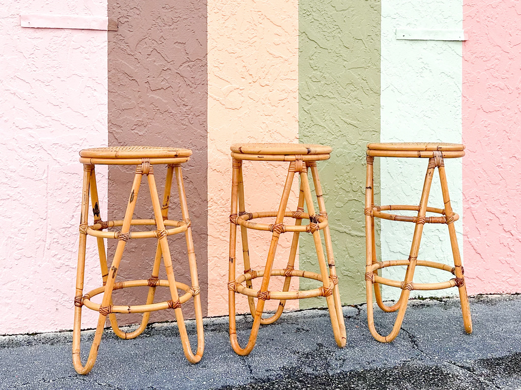 Set of Three Old Florida Cane and Rattan Bar Stools - Image 3