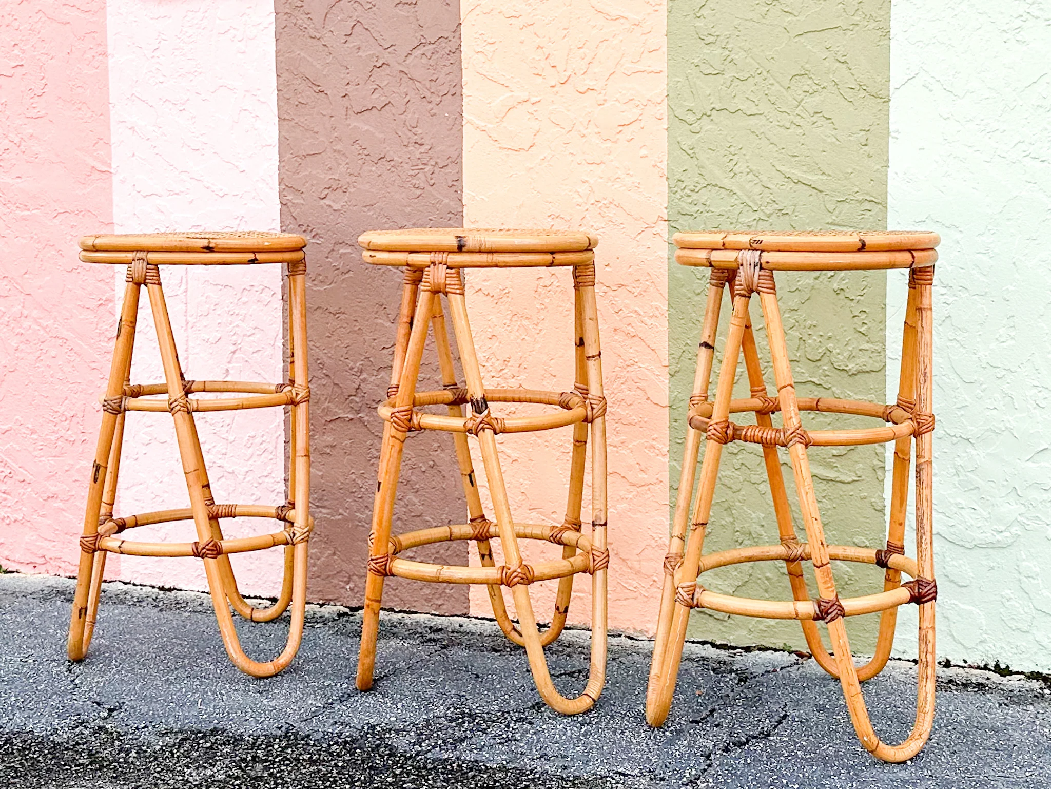 Set of Three Old Florida Cane and Rattan Bar Stools - Image 4
