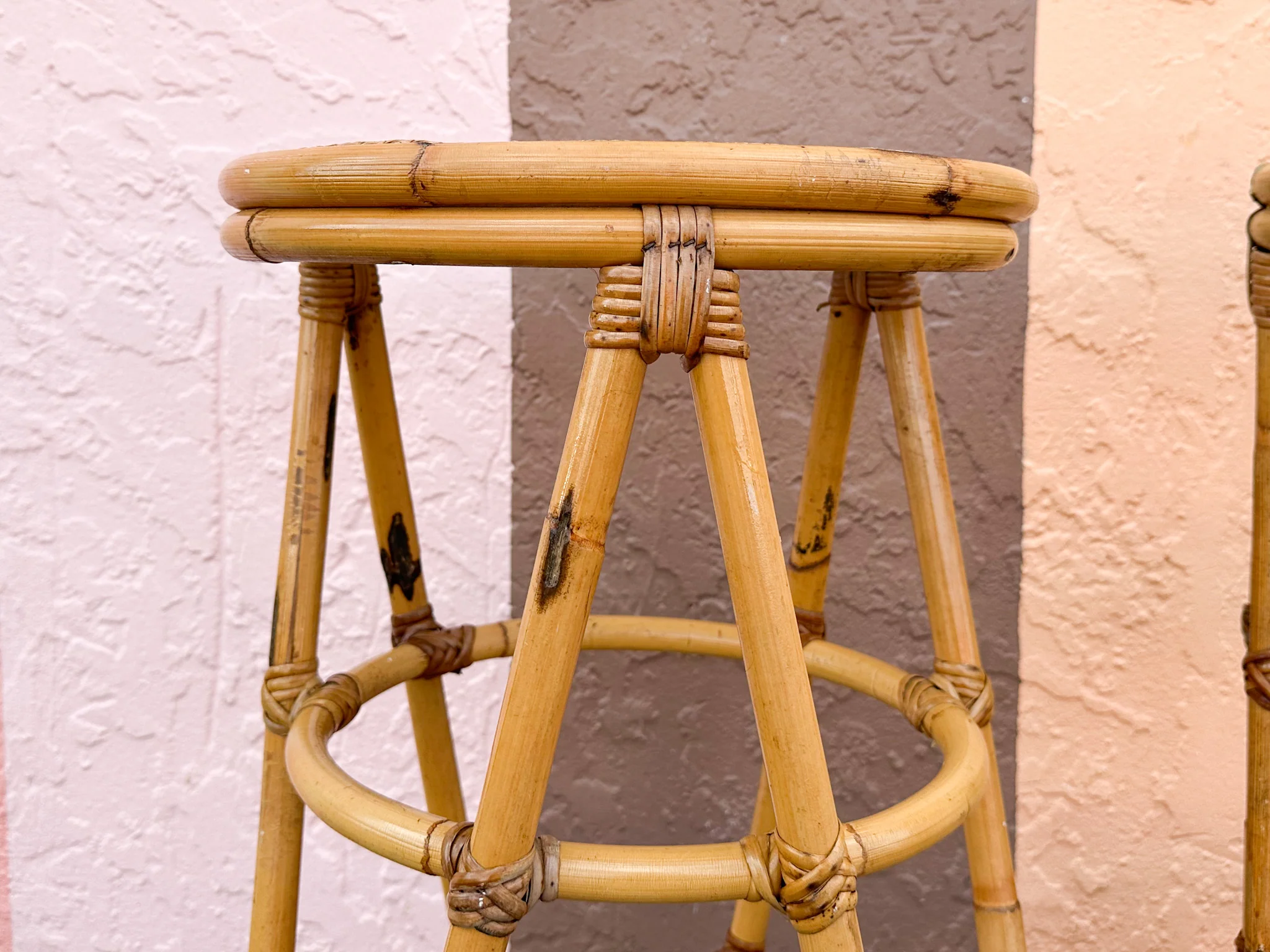 Set of Three Old Florida Cane and Rattan Bar Stools - Image 6