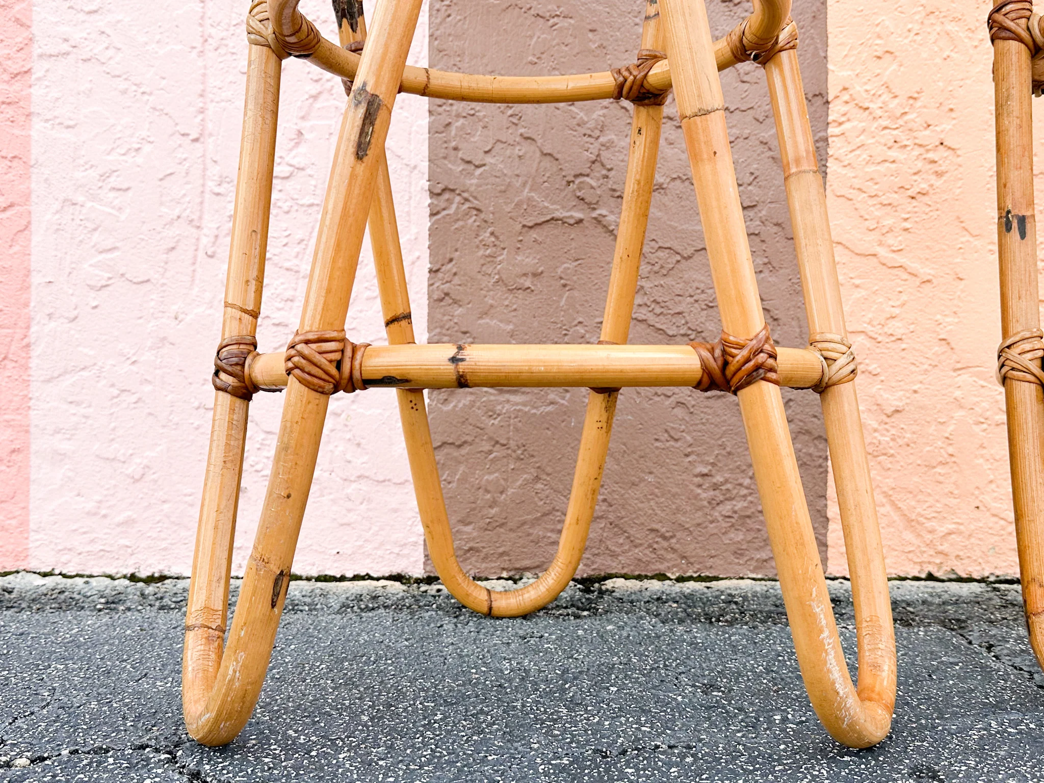 Set of Three Old Florida Cane and Rattan Bar Stools - Image 7