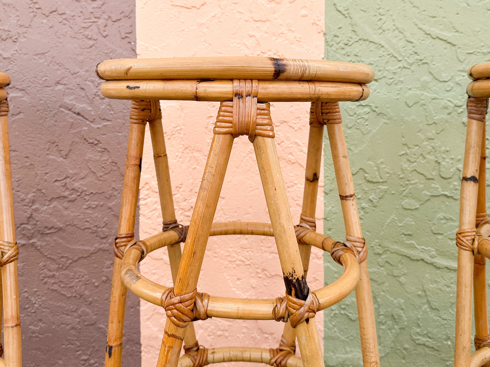 Set of Three Old Florida Cane and Rattan Bar Stools - Image 9