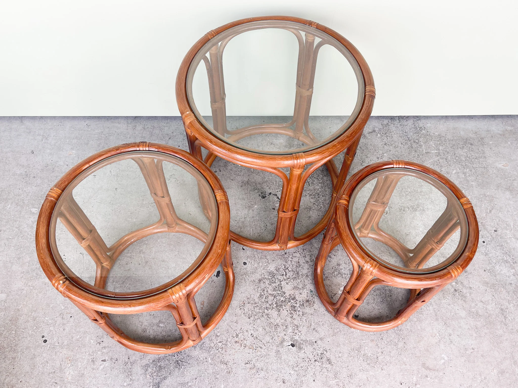 Set of Three Rattan Drum Nesting Tables - Image 4