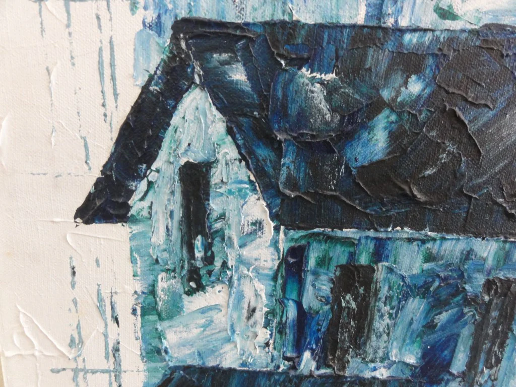 Signed Mid Century Blue House Painting - Image 6