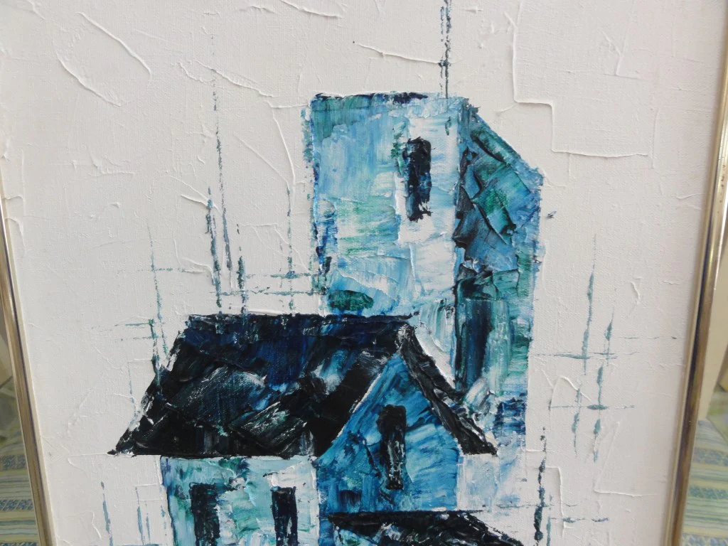 Signed Mid Century Blue House Painting - Image 8