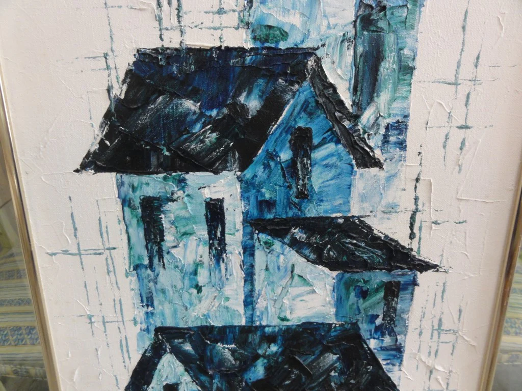 Signed Mid Century Blue House Painting - Image 9